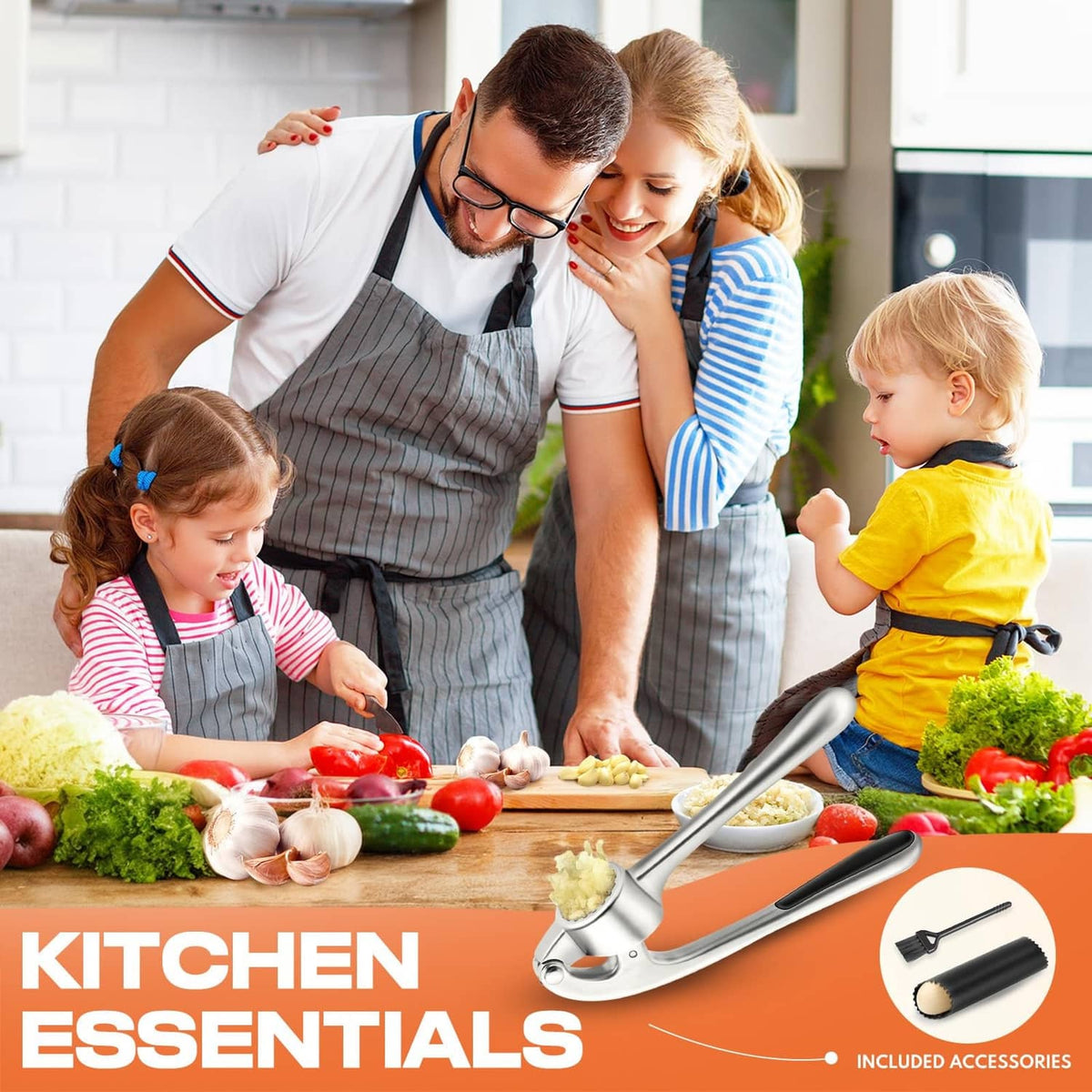 Stainless steel garlic press on kitchen counter with black handles and included parts