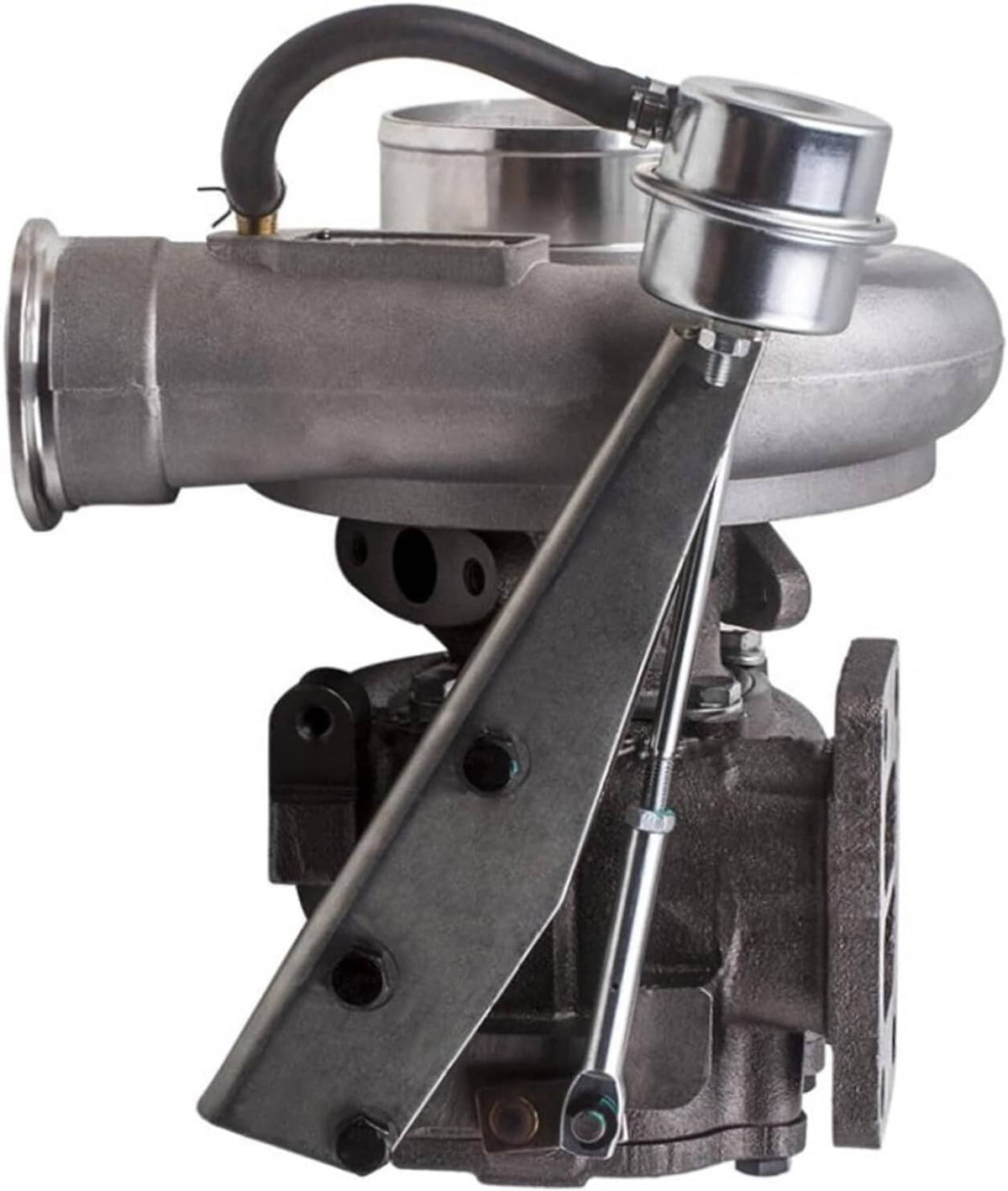 Turbocharger side view with silver compressor outlet and black hose assembly
