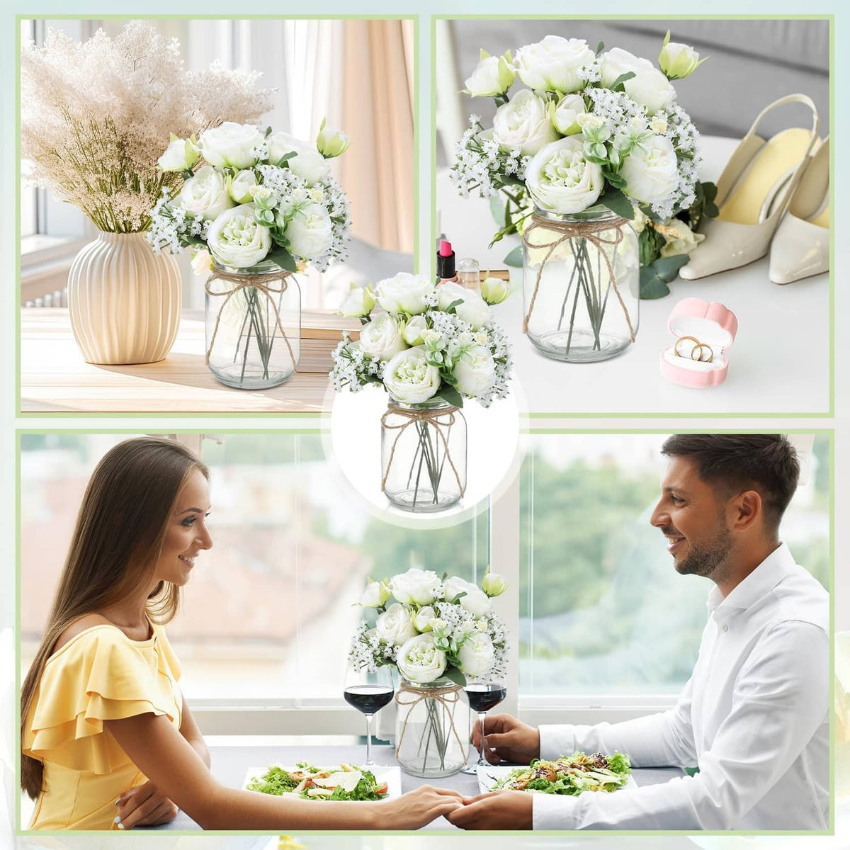 Mason jar centerpiece set with faux white roses, baby breath, and green filler flowers