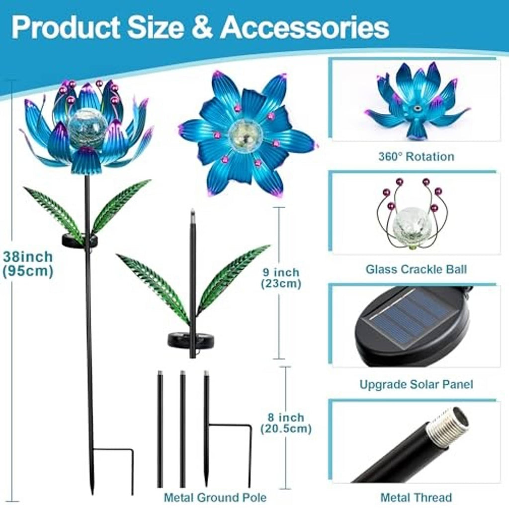 Solar wind spinner lotus with metal ground pole, solar panel, and crackle-glass globe parts