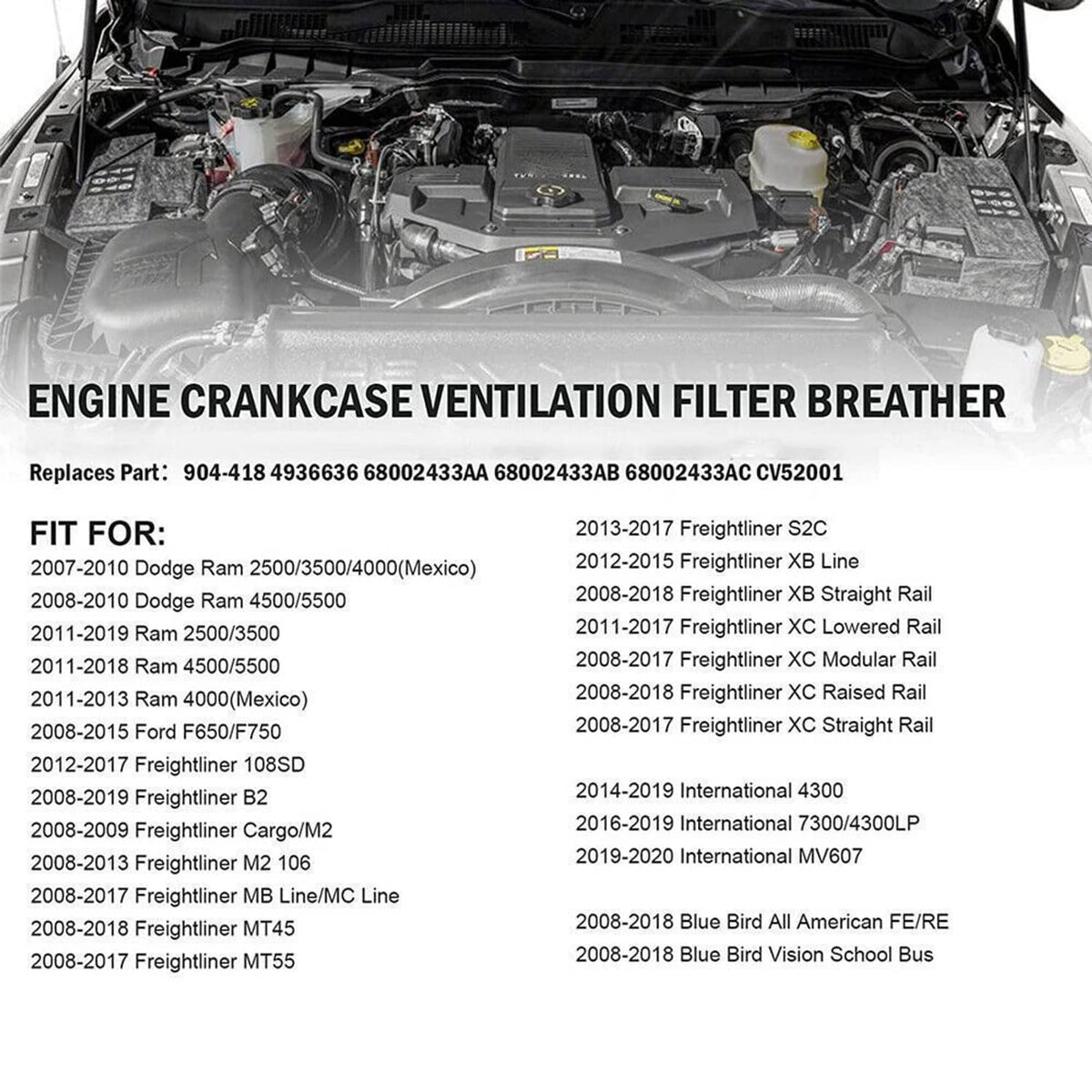 Crankcase ventilation filter breather element installed on engine bay components
