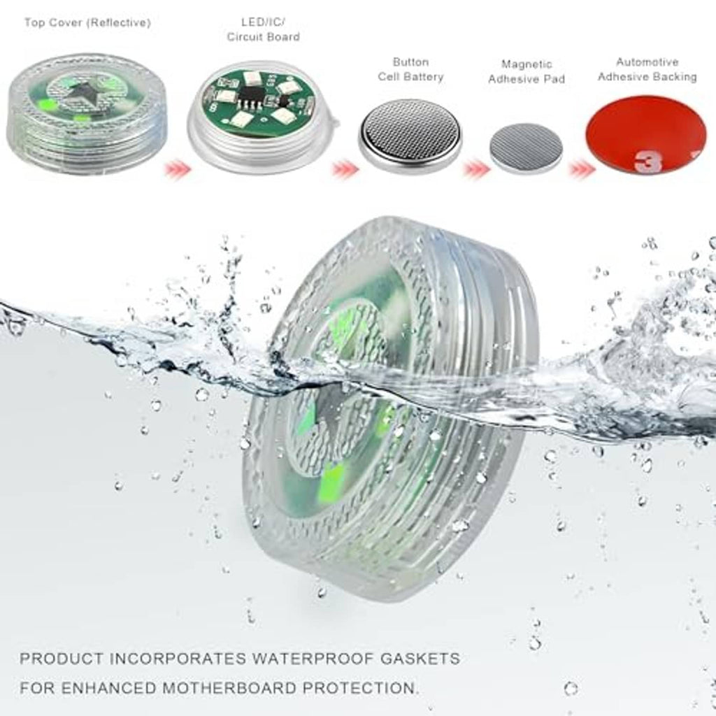 Wireless green LED door warning light with magnetic pads, adhesive backing, and waterproof gasket