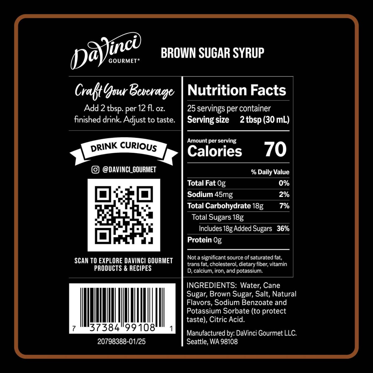 Brown sugar syrup bottle back label with Nutrition Facts panel