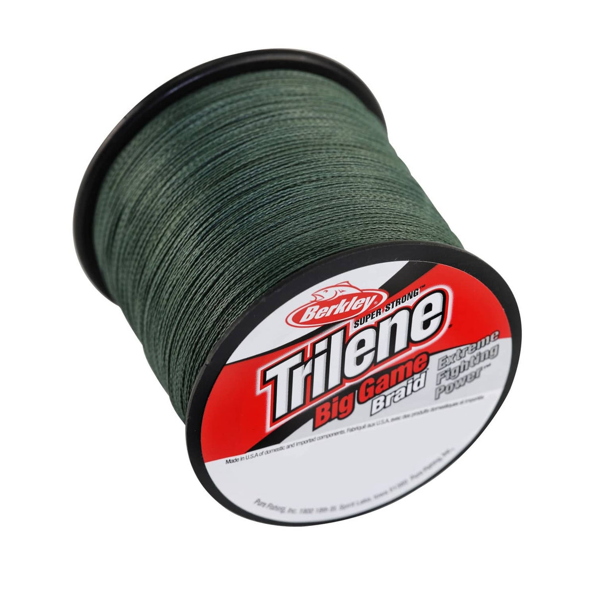 Green fishing line spool with label, angled top view