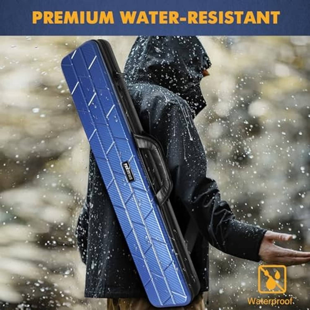 Blue hard shell pool cue case with black padded handle amid water droplets