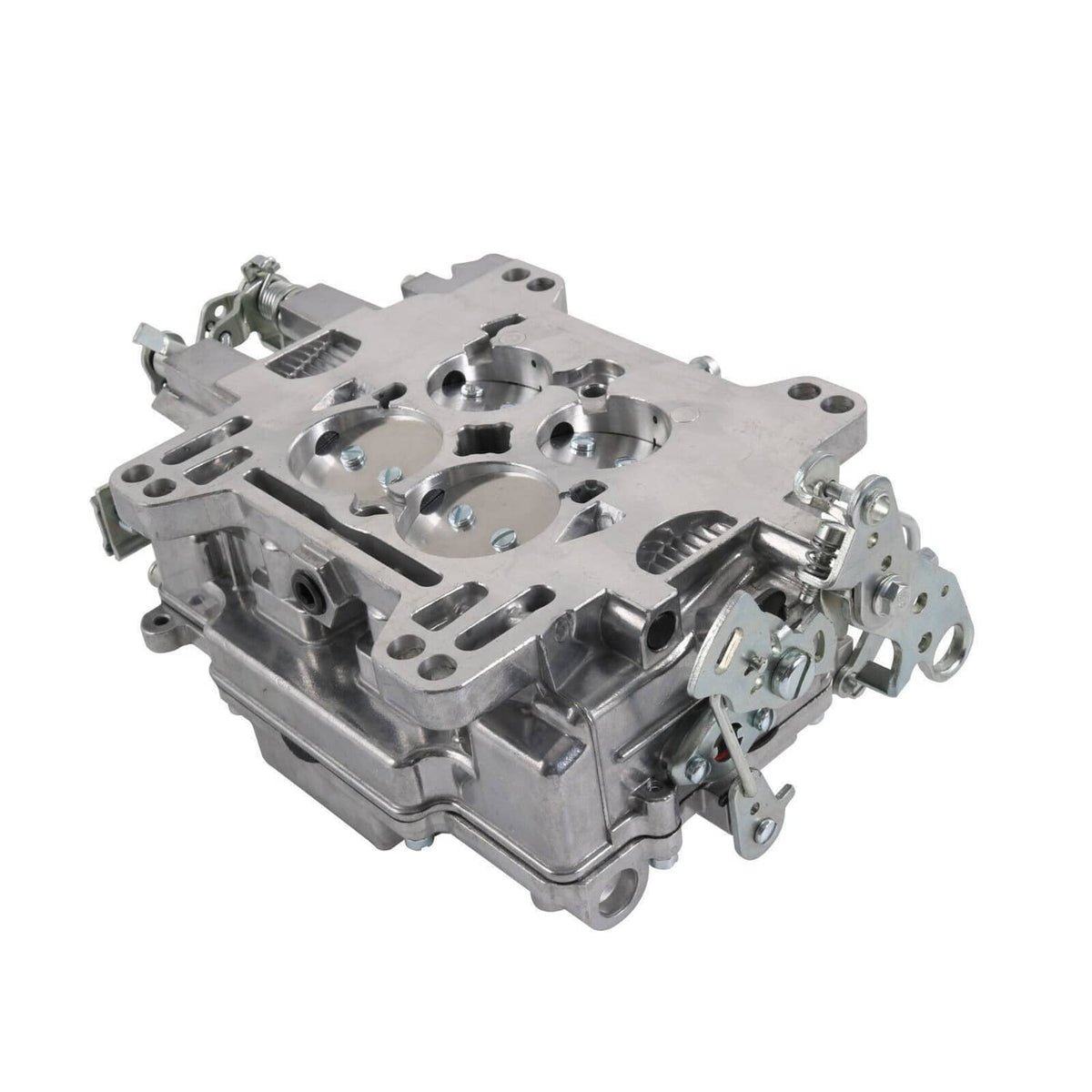 Four-barrel carburetor top/side view with round bores and machined passages