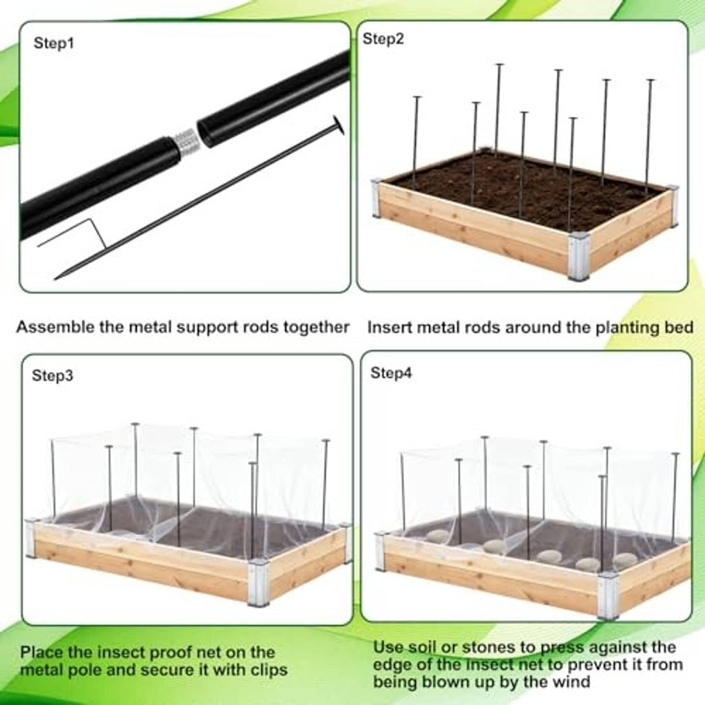 Assembly view of garden bed netting kit with metal rods and mesh enclosure