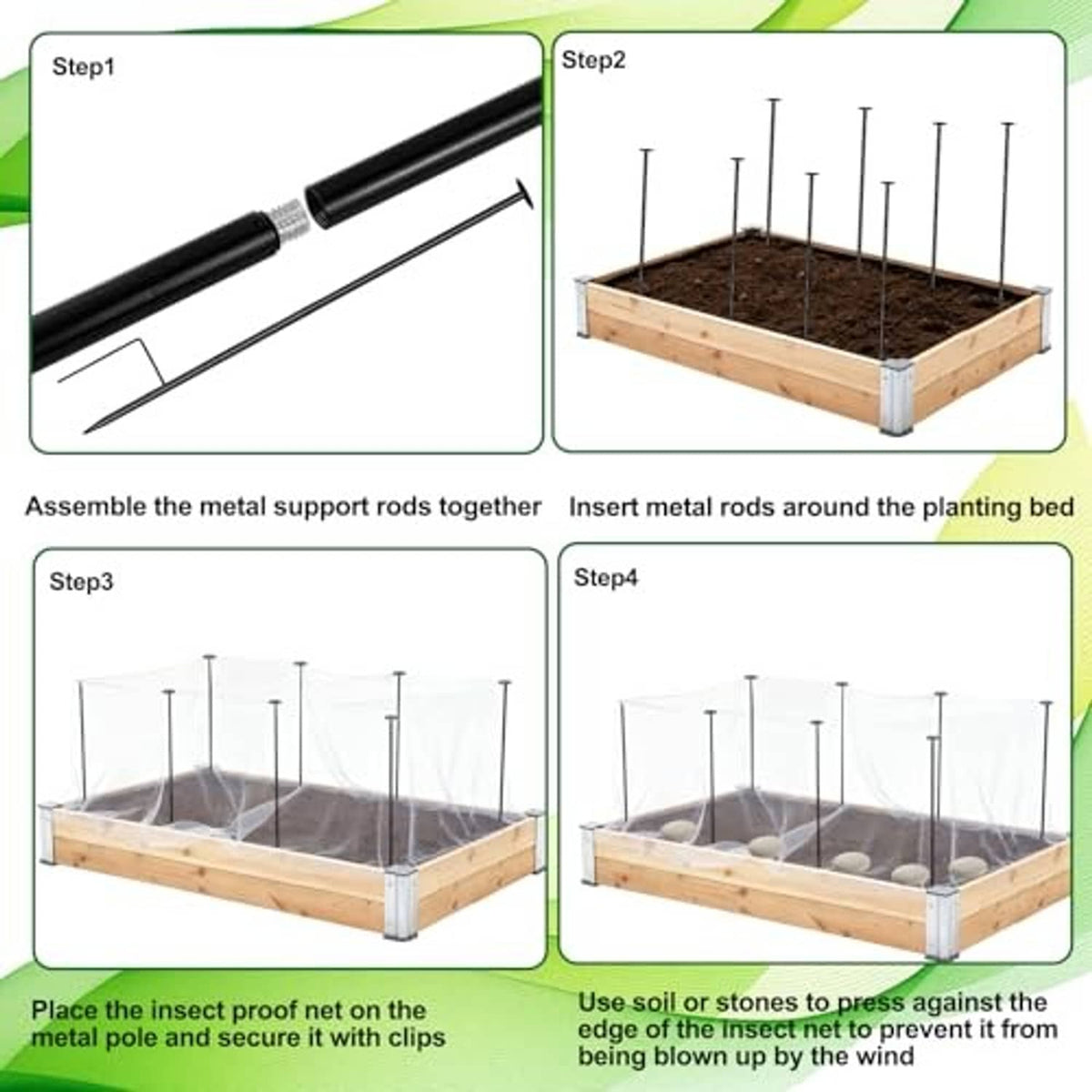 Assembly view of garden bed netting kit with metal rods and mesh enclosure