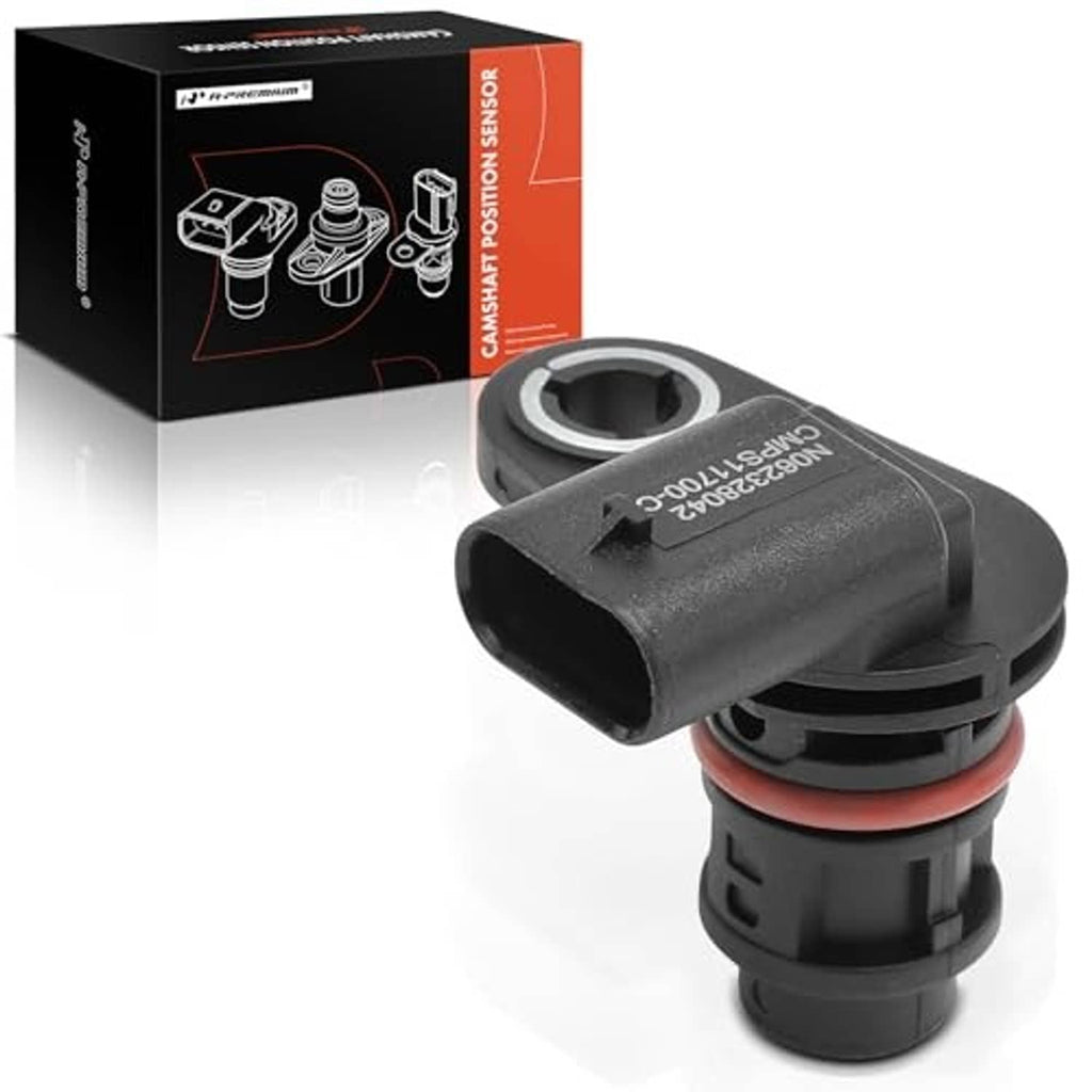Angled camshaft position sensor with gray connector, black housing, and orange seal ring.