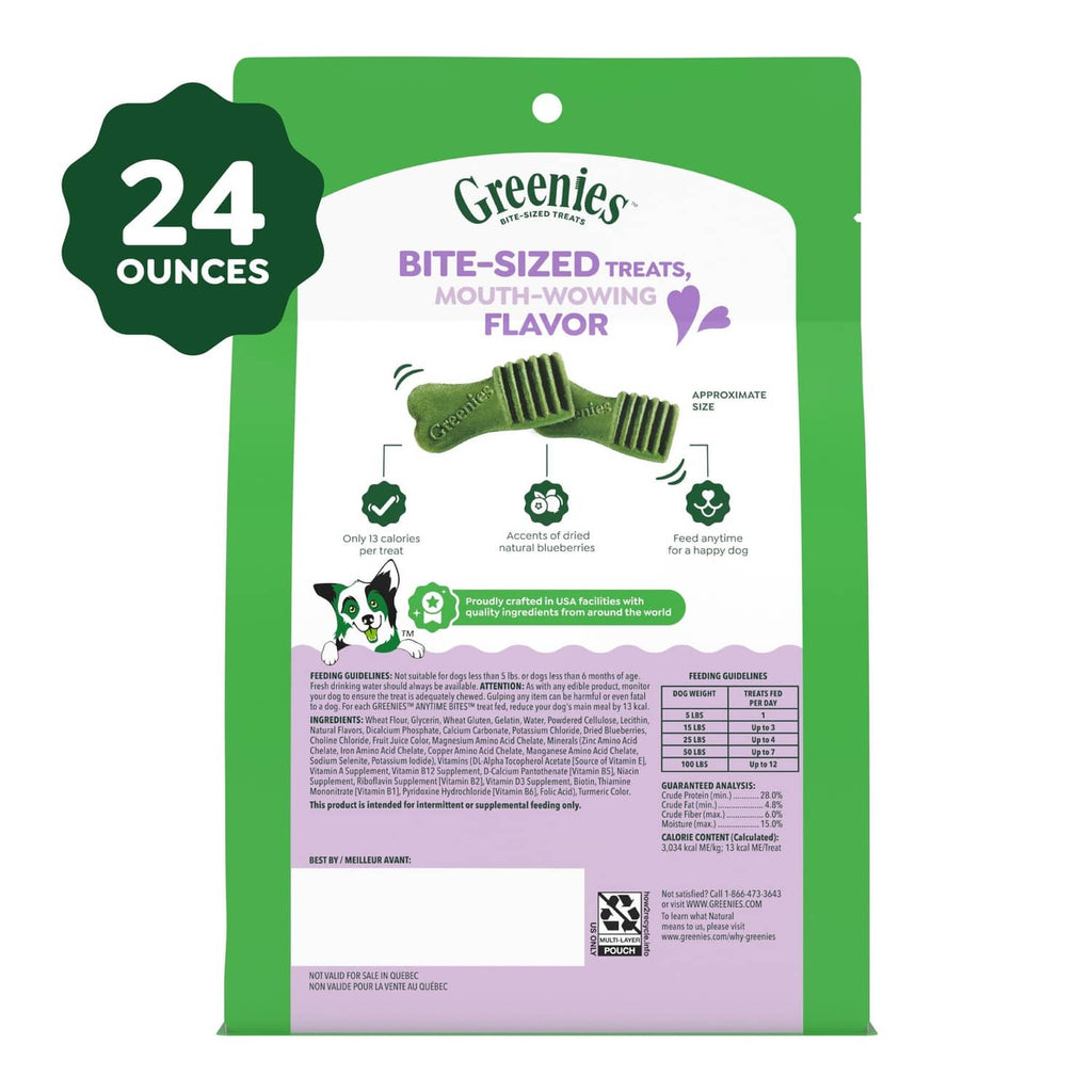 Greenies Anytime Bites product back label showing 24 ounces and bite-sized treats