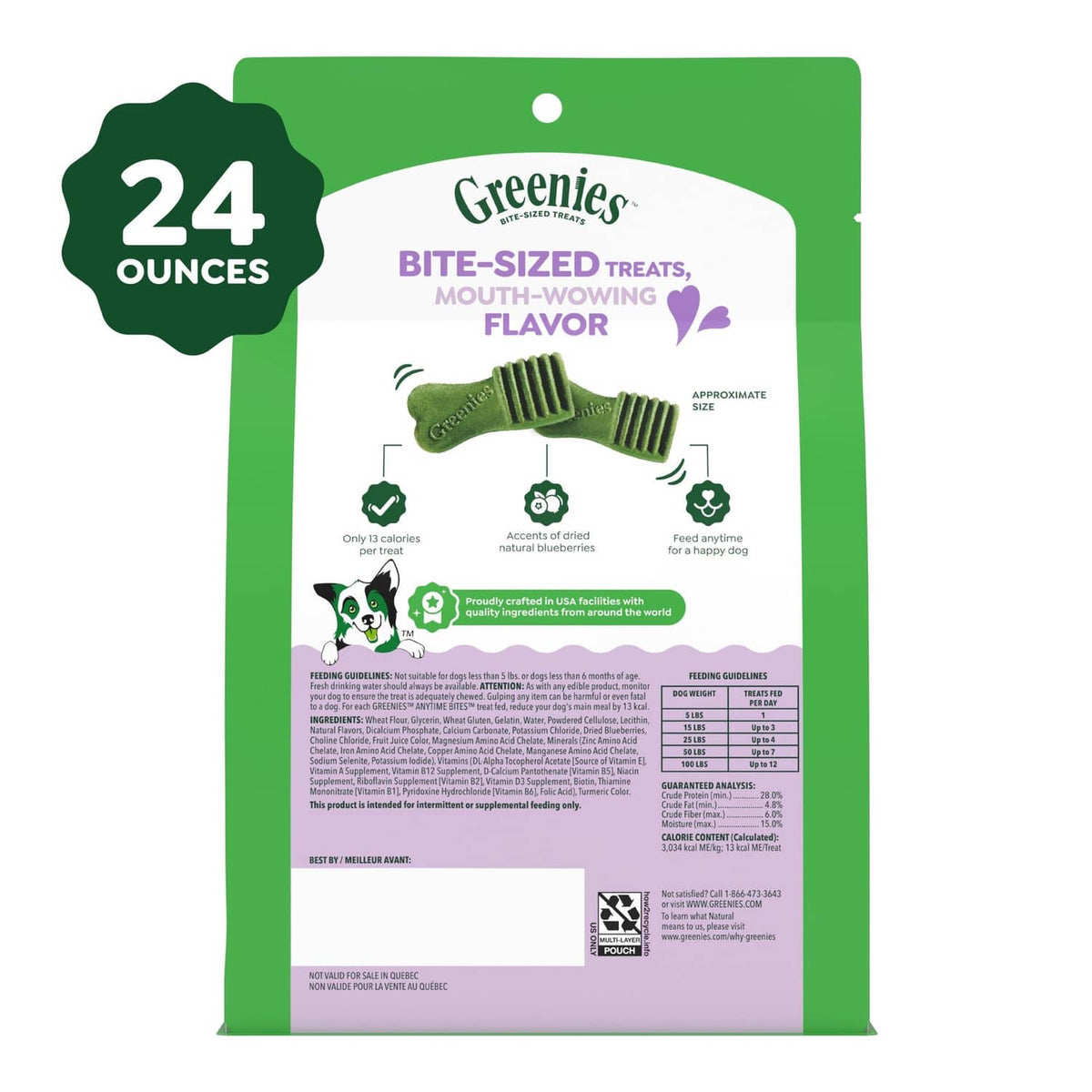 Greenies Anytime Bites product back label showing 24 ounces and bite-sized treats