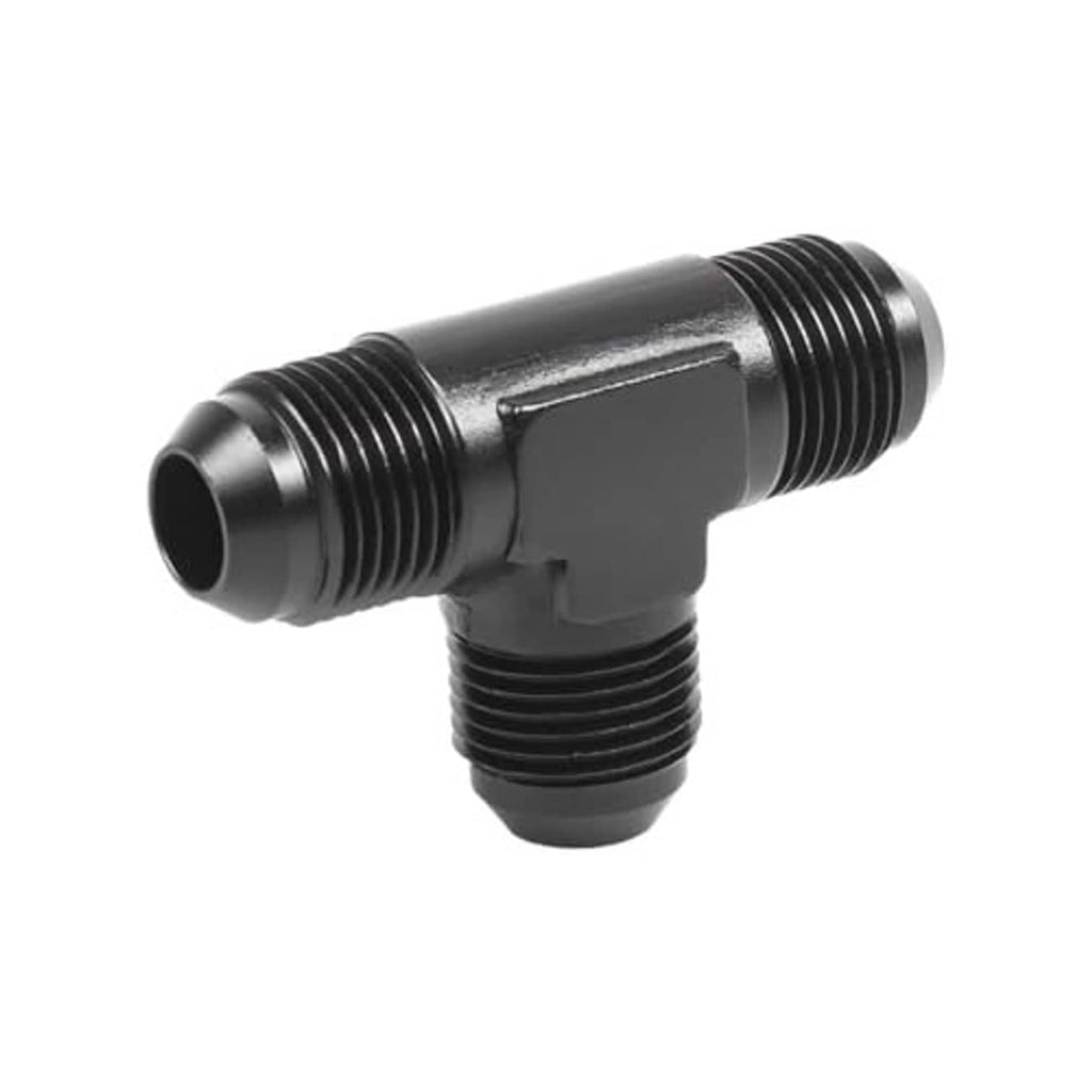 Black anodized T fuel hose union fitting with 10AN male threaded ports