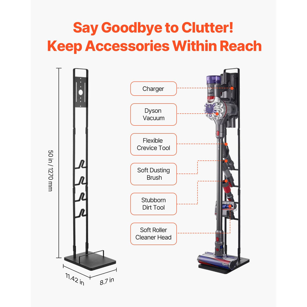 Vacuum stand with multi-hook side panel to store vacuum and accessory attachments