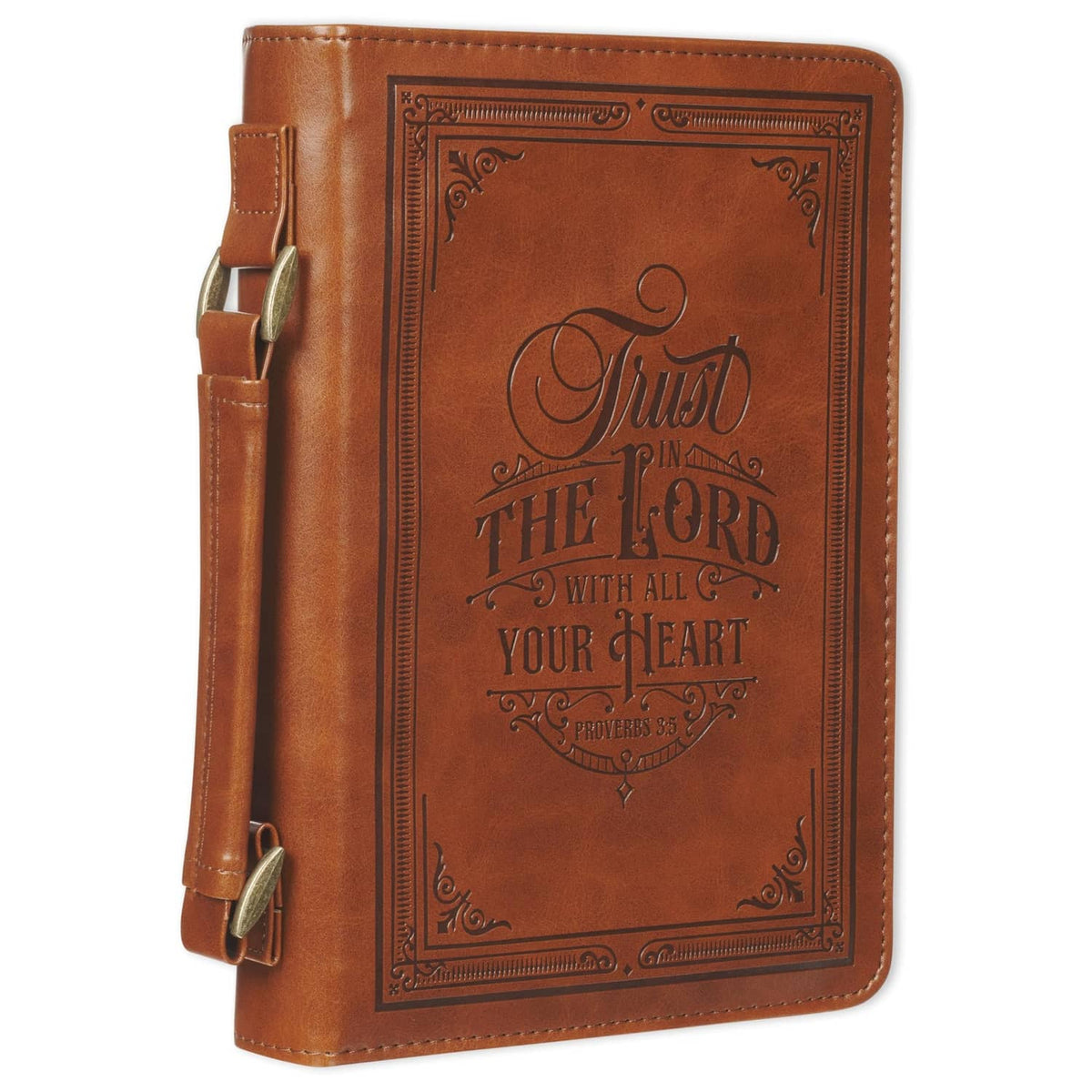 Brown vegan leather Bible cover with embossed Scripture design and front strap