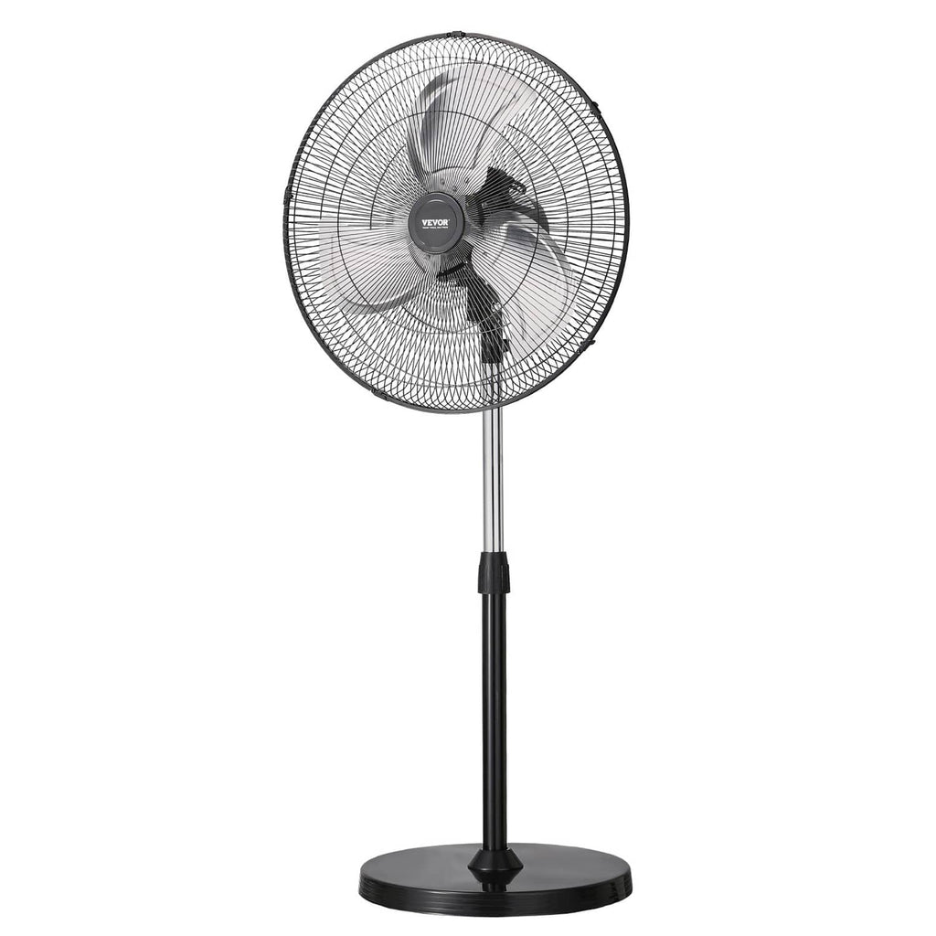 Black pedestal fan with round wire grille and 3 blades on adjustable stand