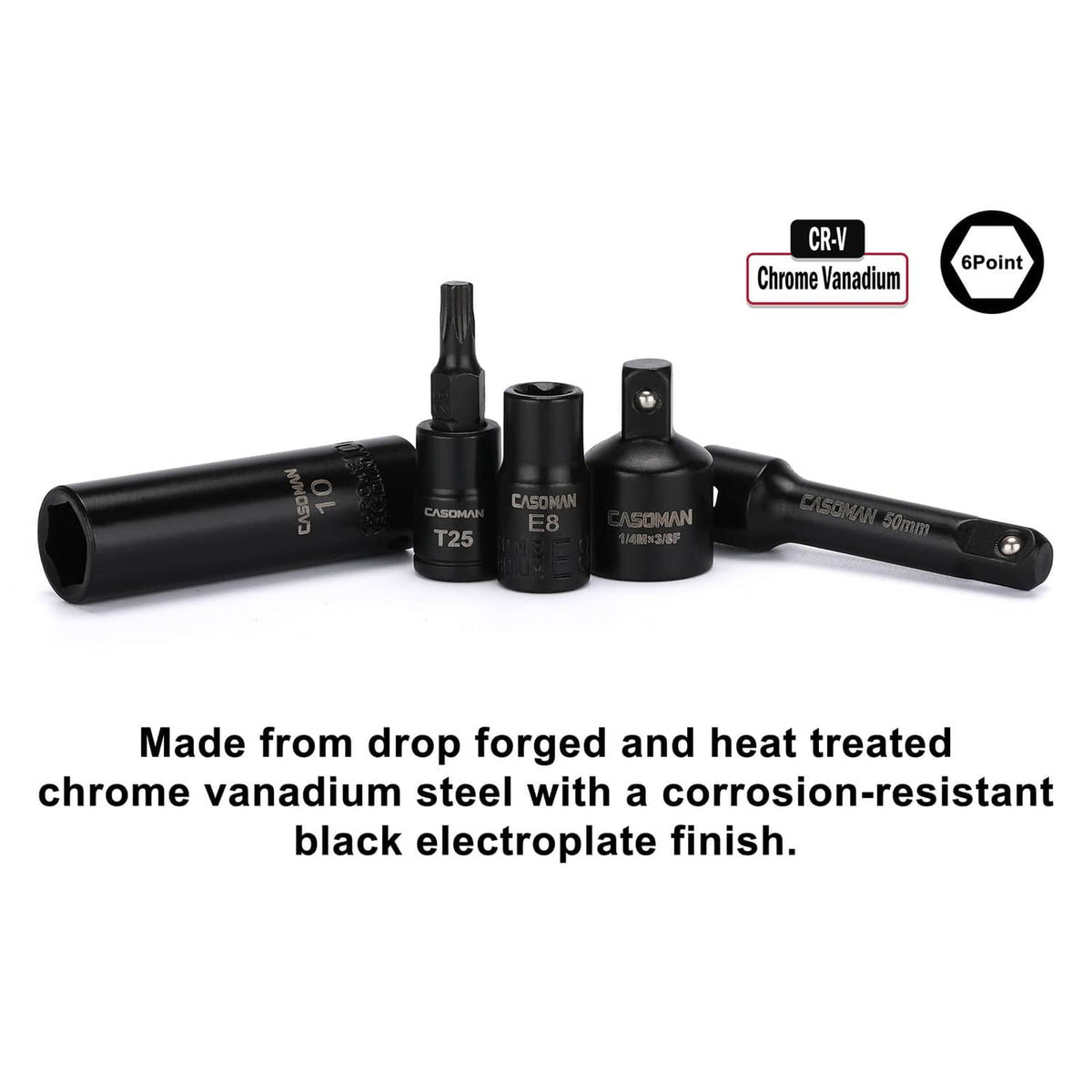 Black 1/4 in drive 6-point impact sockets marked CR-V chrome vanadium