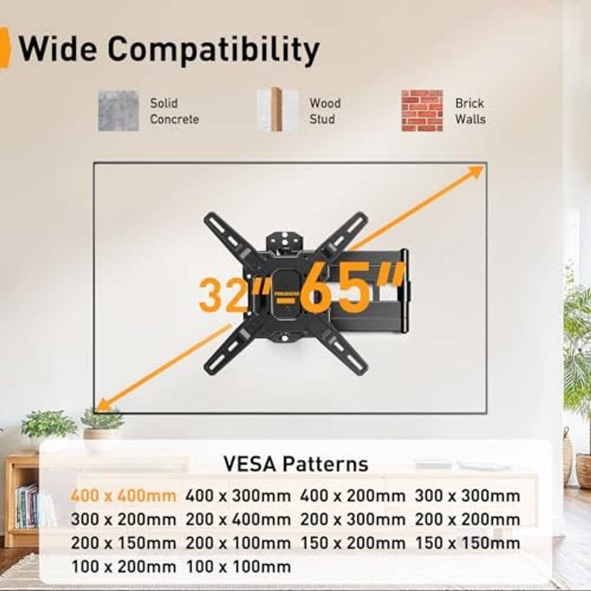Corner TV mount diagram for 32–65 in TVs and VESA mounting patterns
