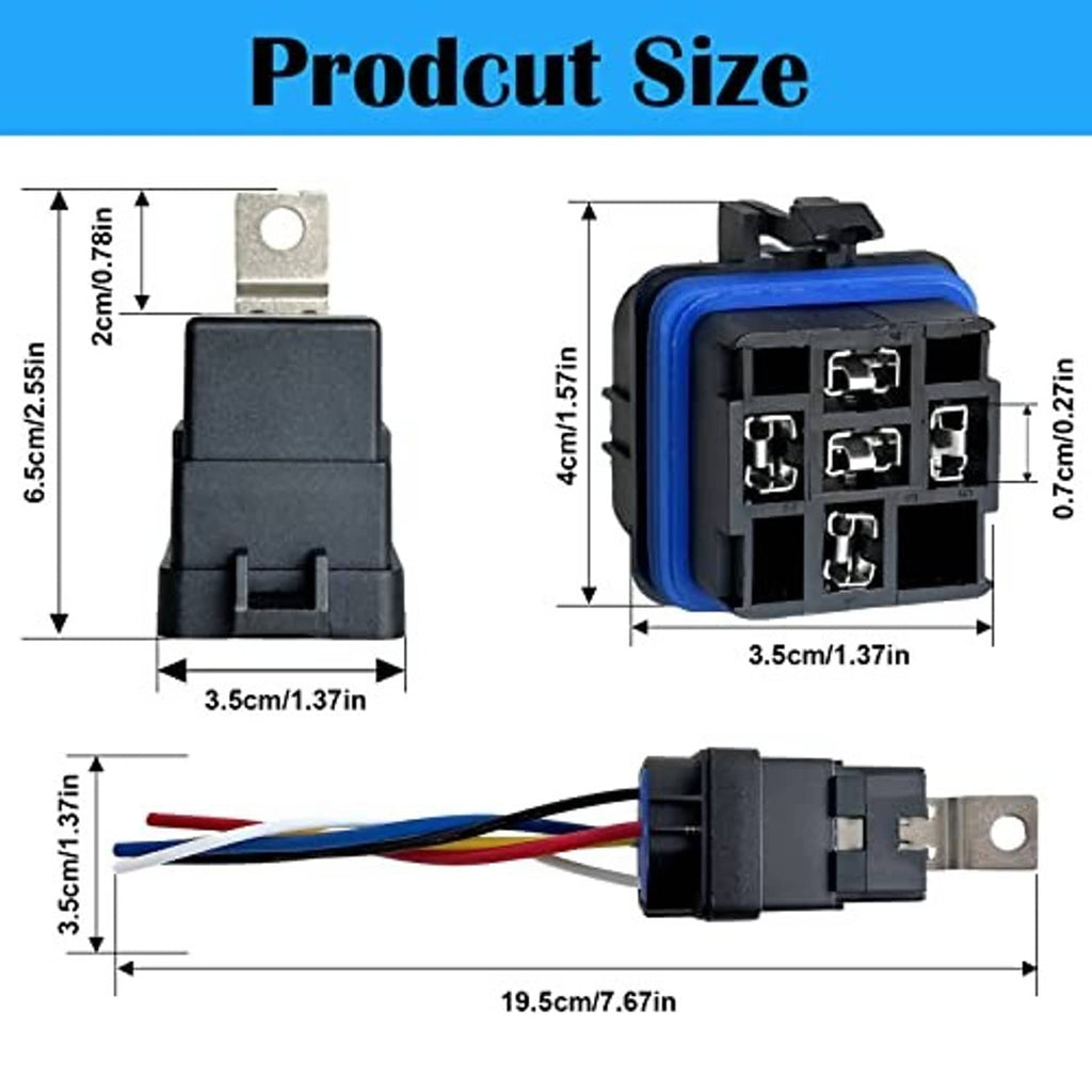 Relay switch kit size diagram with 5-pin connector, mounting bracket, and wire length