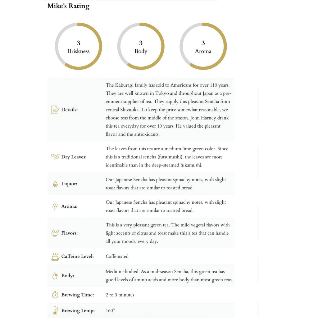 Tea information chart listing brightness, body, aroma, flavor, caffeine, and brewing time