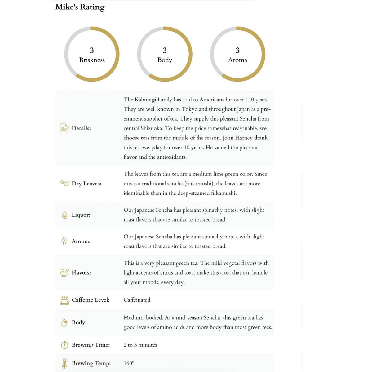 Tea information chart listing brightness, body, aroma, flavor, caffeine, and brewing time