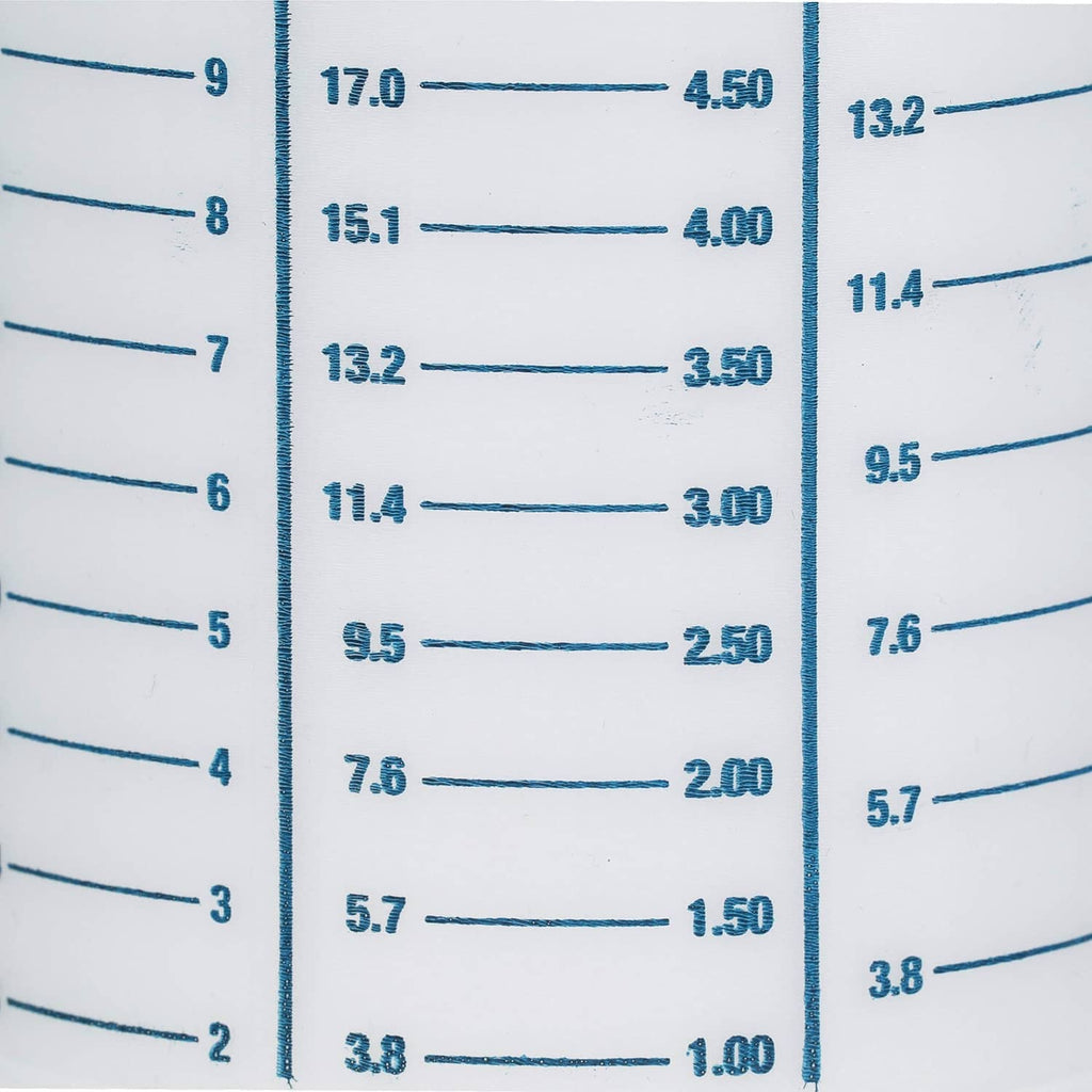 Close-up of blue measurement lines and liters/gallons on white mixing bottle