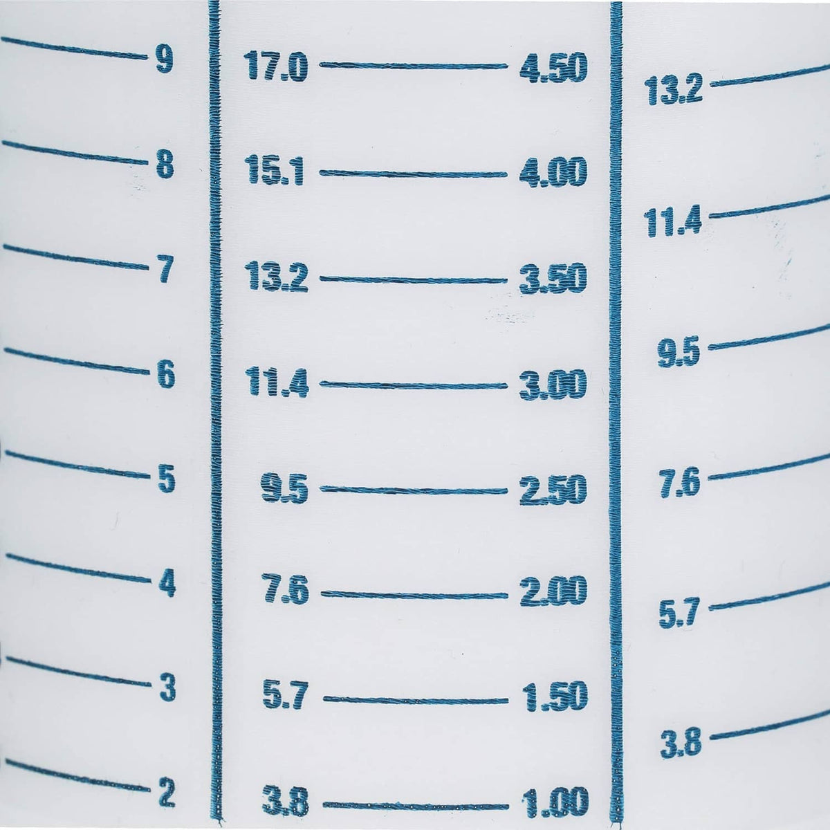 Close-up of blue measurement lines and liters/gallons on white mixing bottle