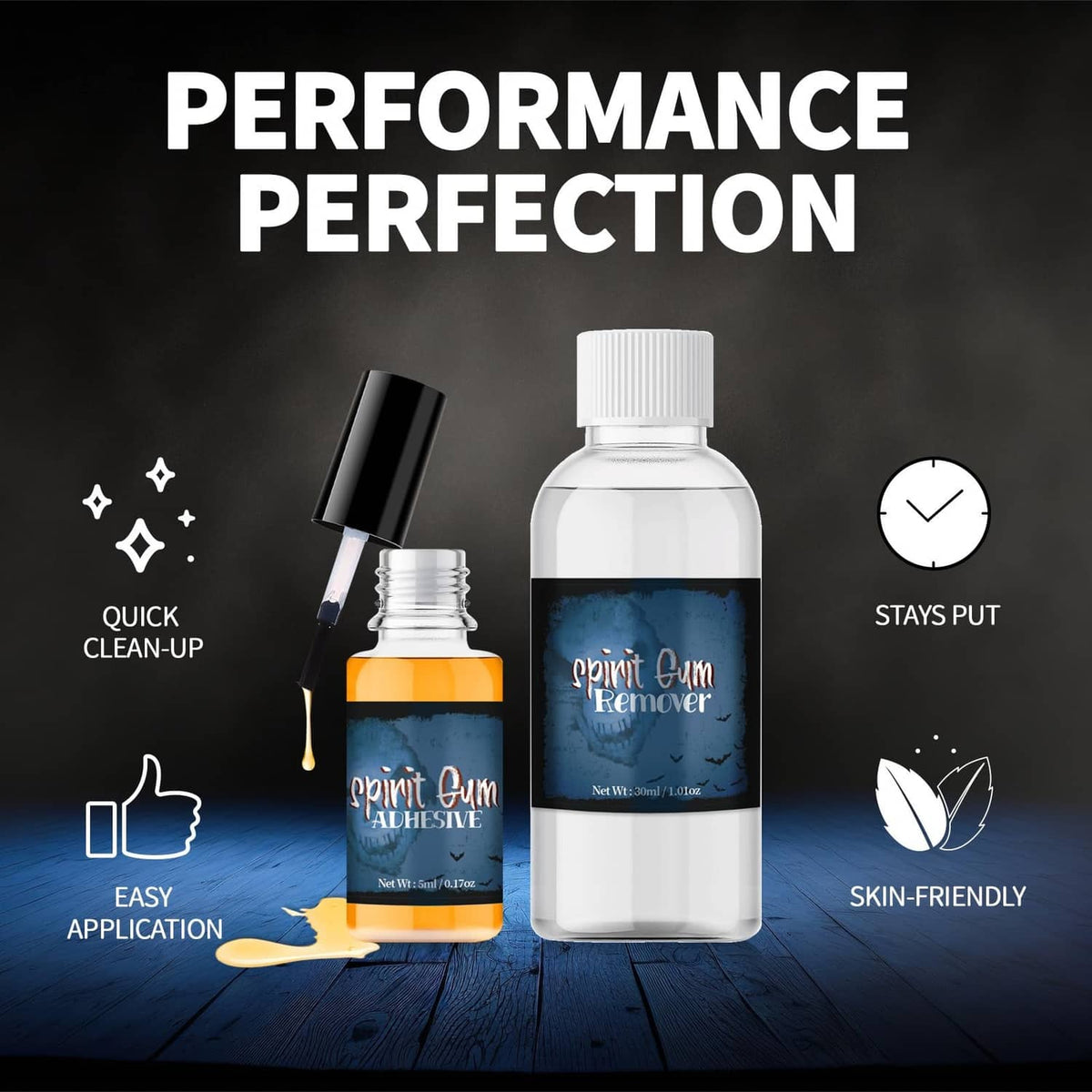 Spirit gum adhesive bottle with clear remover bottle for prosthetics and special effects