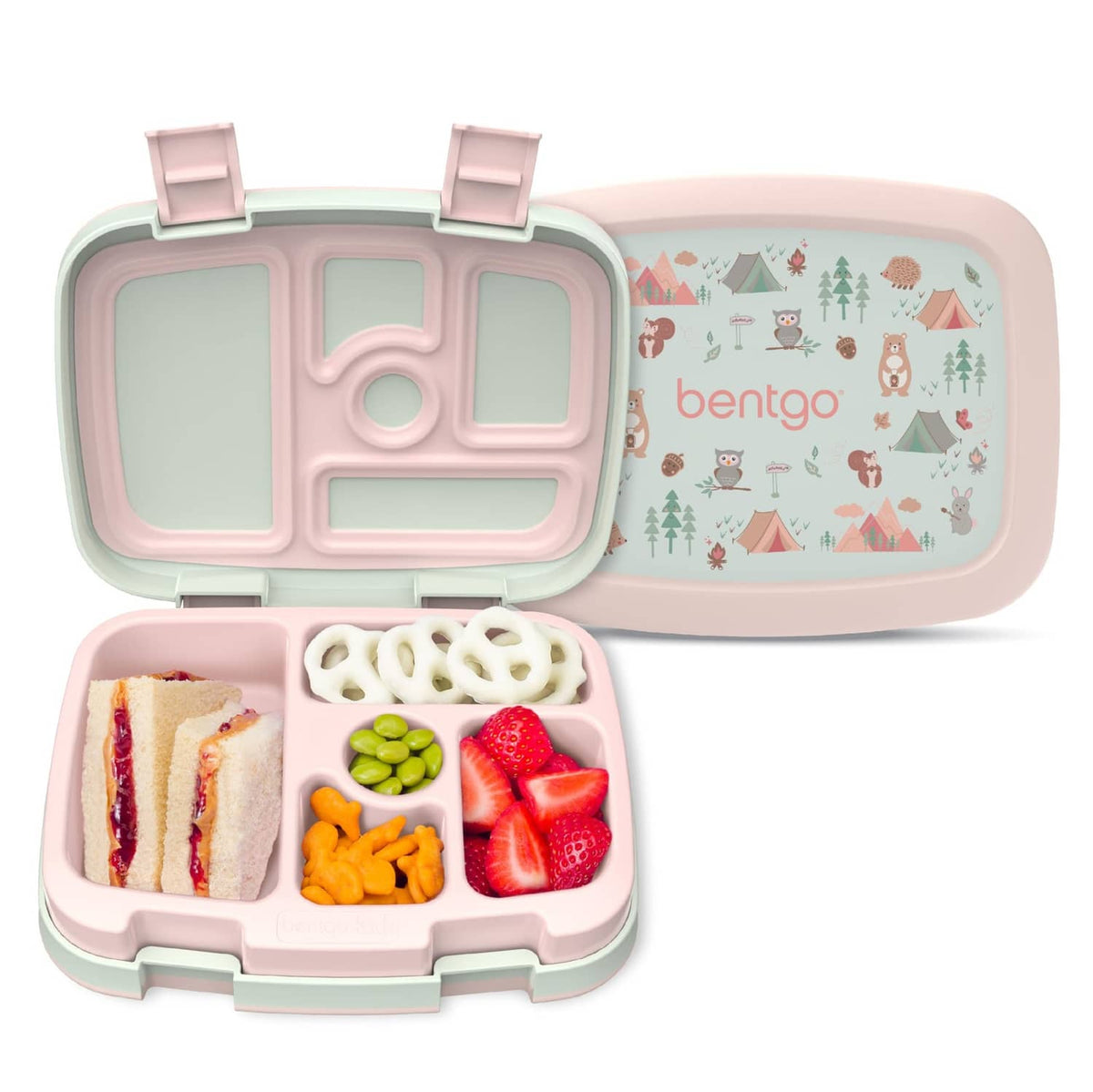Bentgo kids leak-proof 5-compartment lunch box, pastel pink and mint, open with food