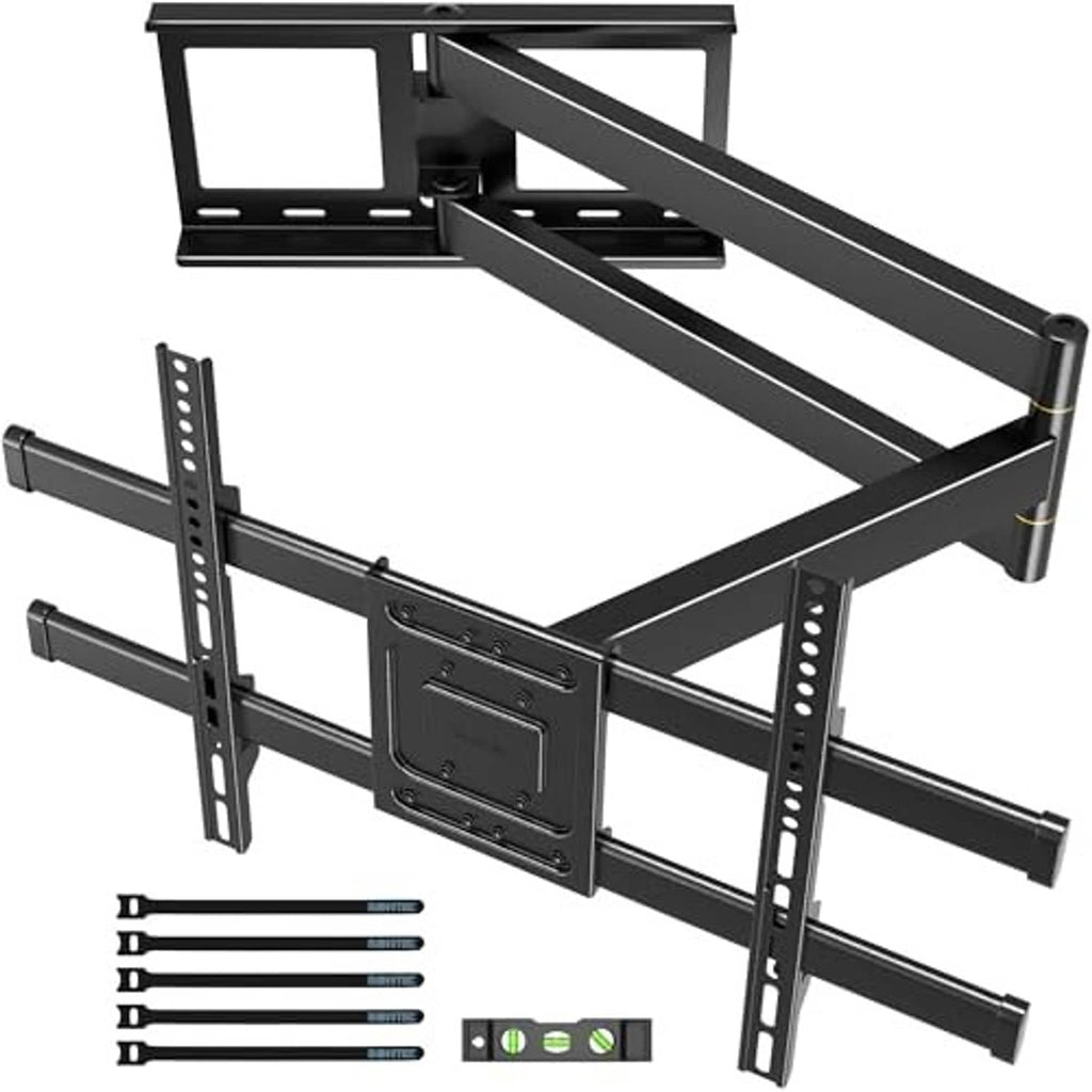 Corner TV wall mount kit with long black arms, mounting rails, and screws