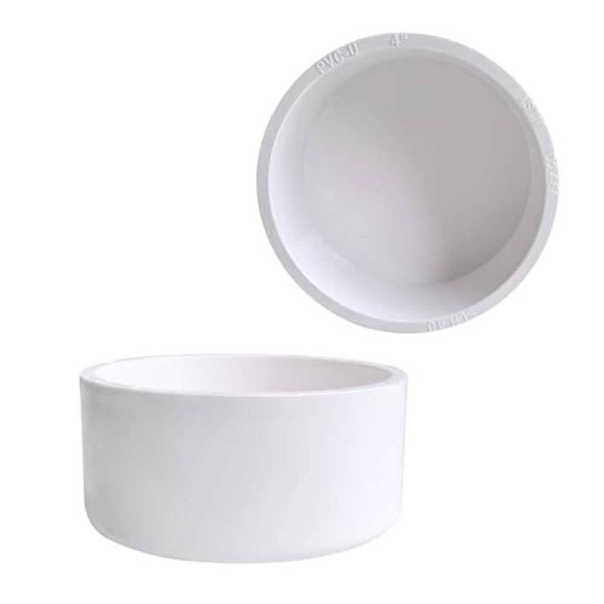 White round PVC end cap fitting, open interior view with smooth walls