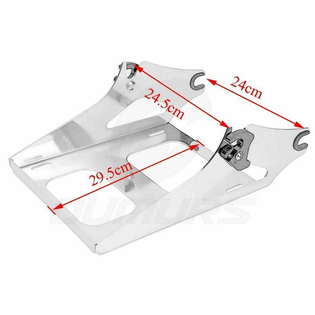 Silver detachable mounting rack with cutouts and black latch bracket
