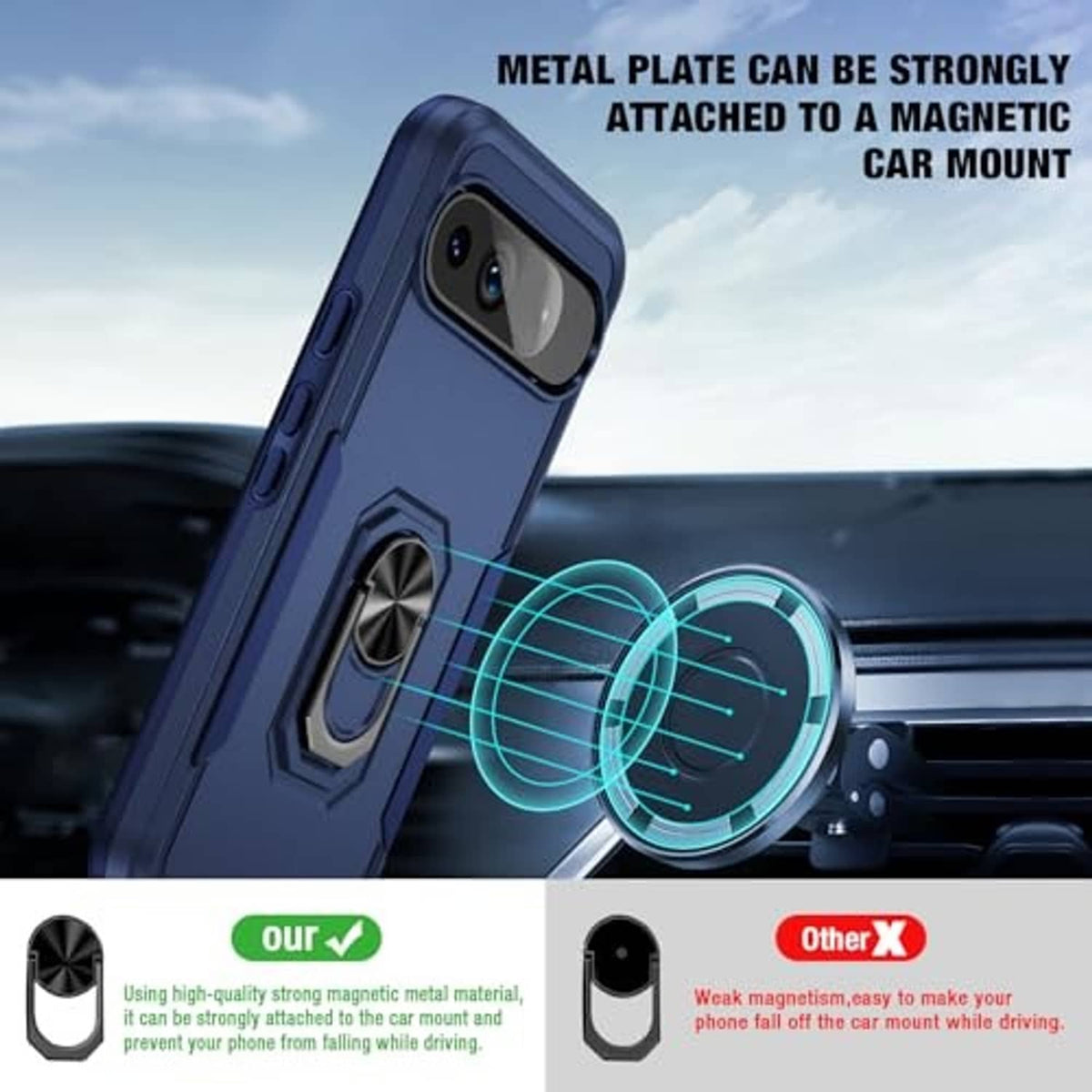 Dark blue rugged phone case with metal plate for magnetic car mount