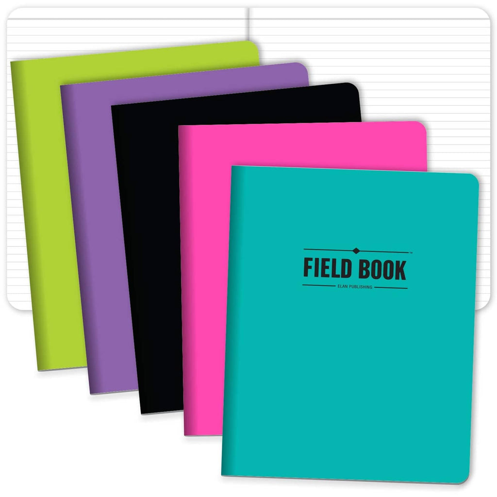 5-pack field notebooks with assorted neon covers: lime, purple, black, pink, teal