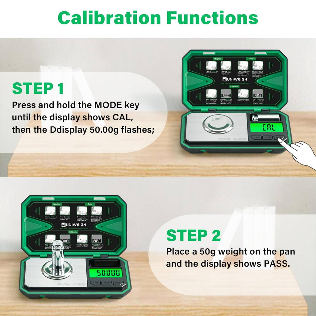 Milligram scale with LCD calibration mode shown and open protective case