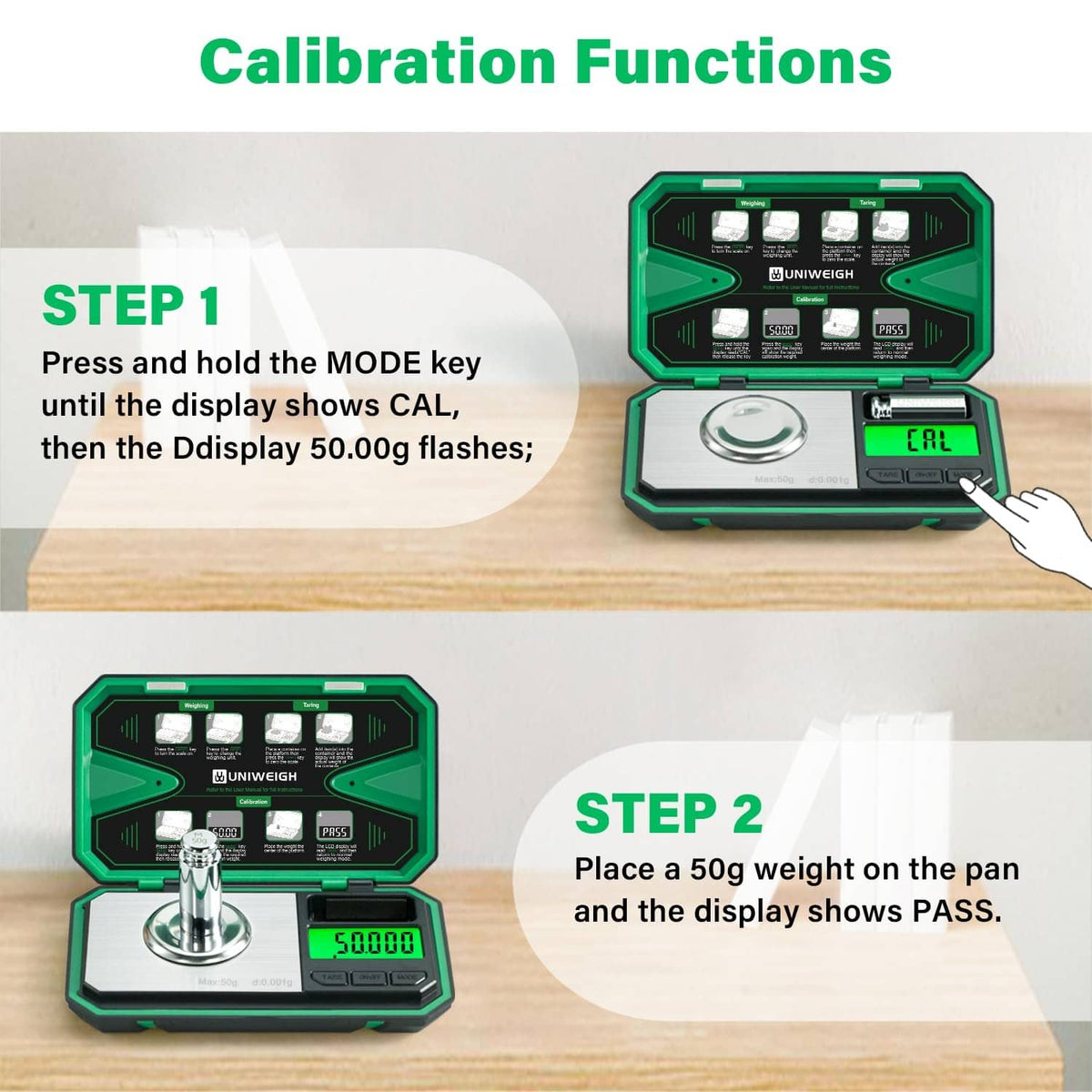 Milligram scale with LCD calibration mode shown and open protective case