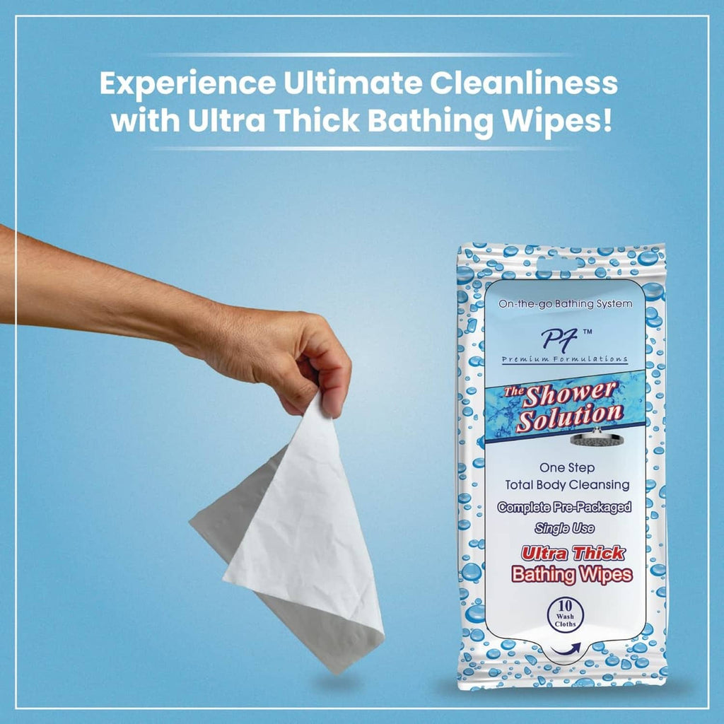 Single Ultra Thick Bathing Wipes package with a hand lifting one wipe
