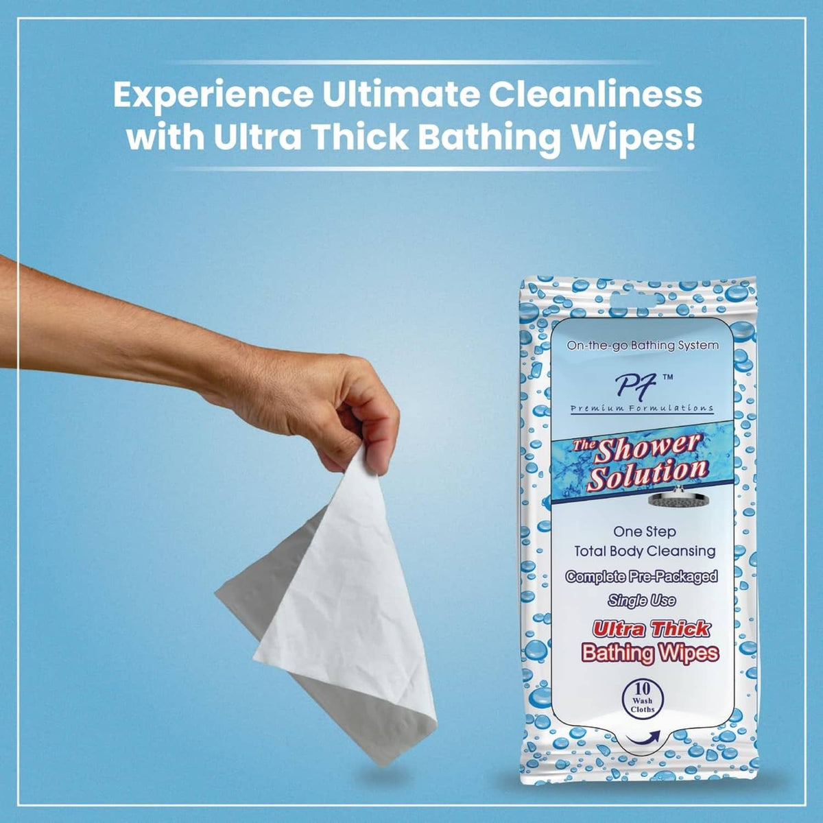 Single Ultra Thick Bathing Wipes package with a hand lifting one wipe