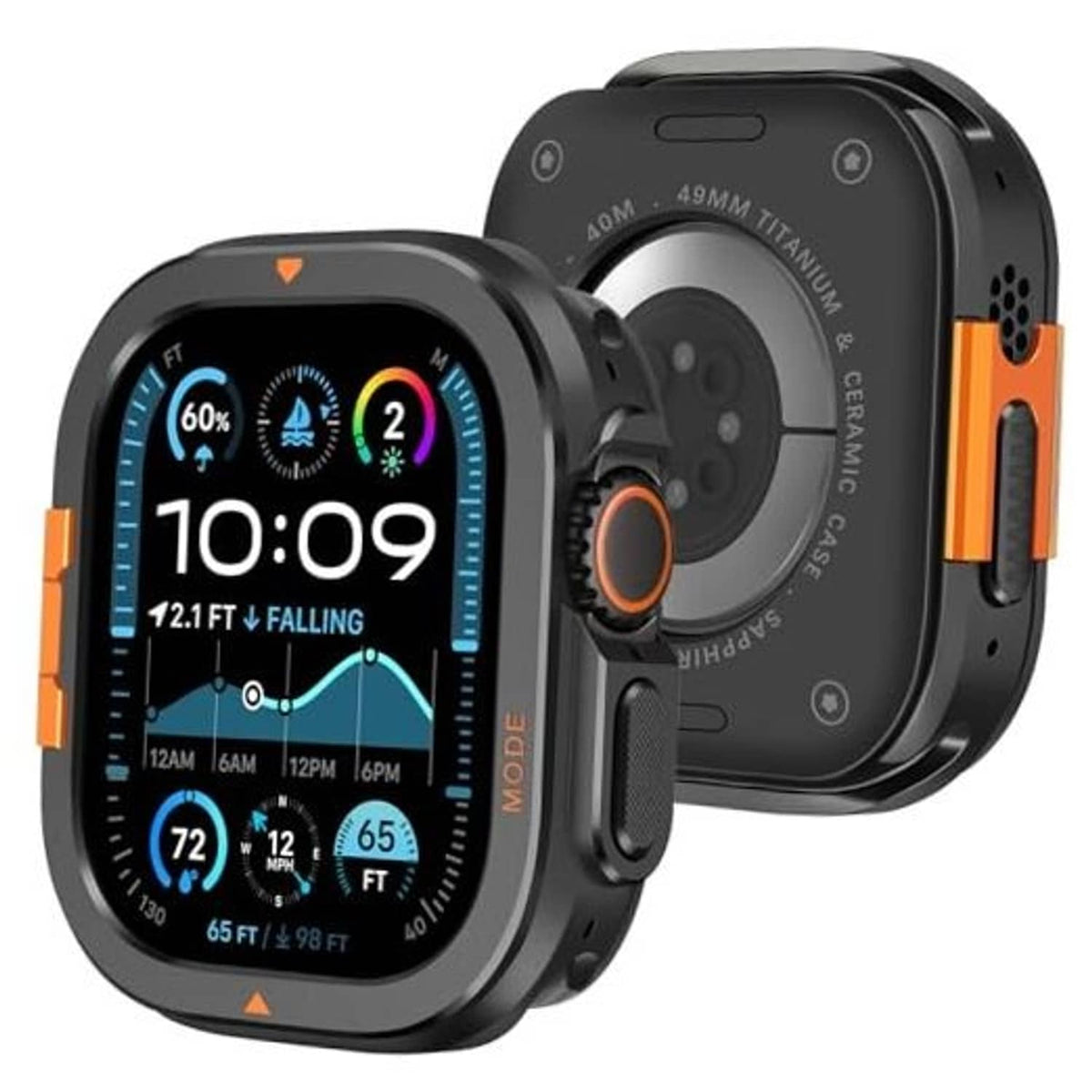 Black metal watch case with orange accents, front view showing smartwatch display