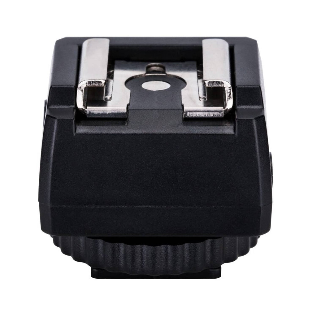 Black hot shoe adapter with contact terminals and central mounting plate
