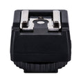 Black hot shoe adapter with contact terminals and central mounting plate
