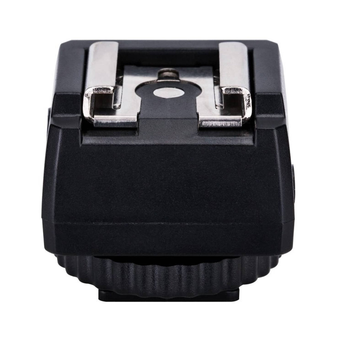 Black hot shoe adapter with contact terminals and central mounting plate