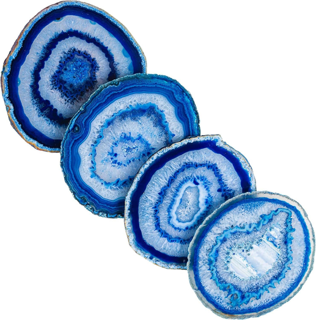 Set of 4 blue agate coasters, polished round geode slices with concentric rings