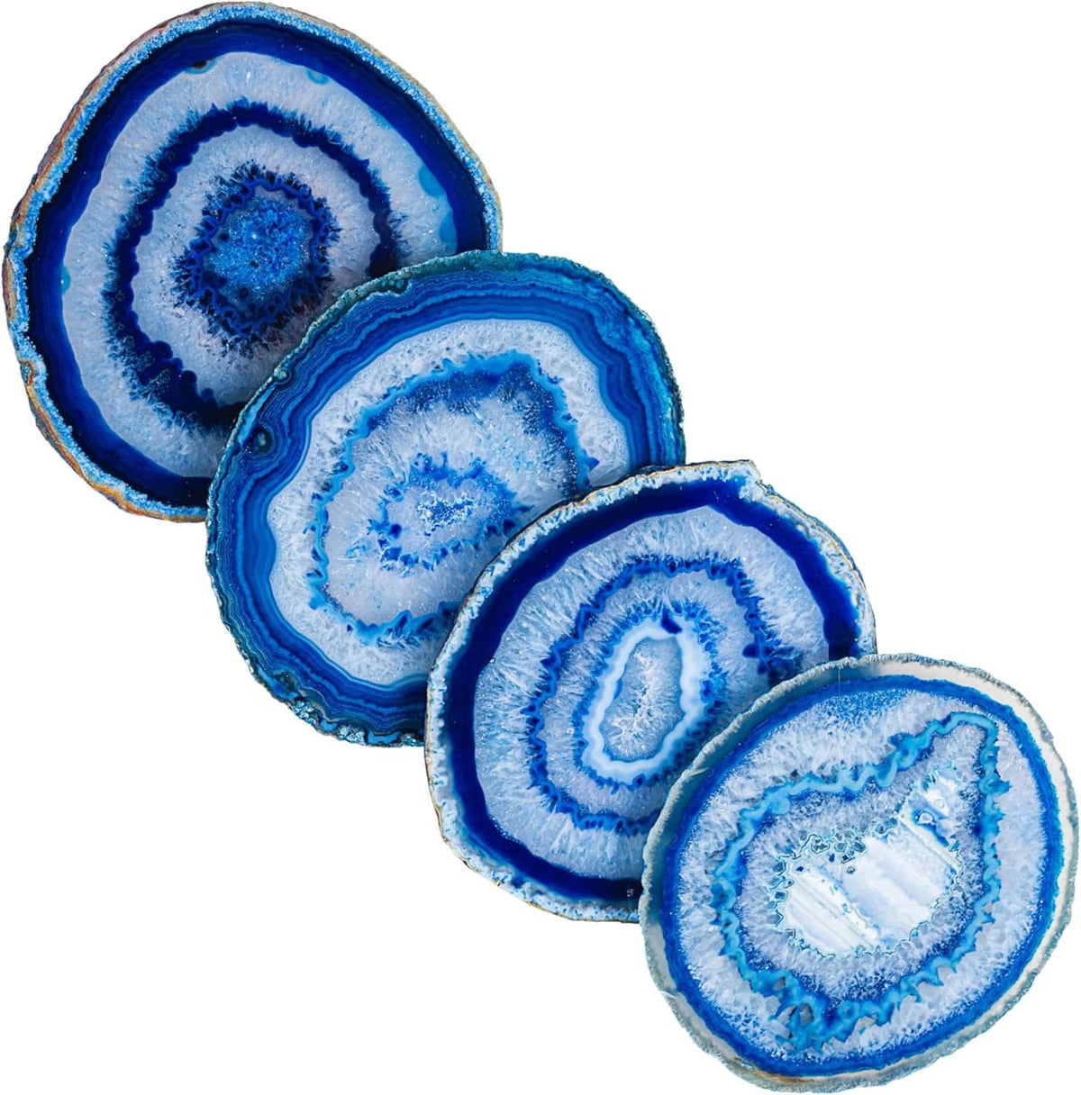 Set of 4 blue agate coasters, polished round geode slices with concentric rings