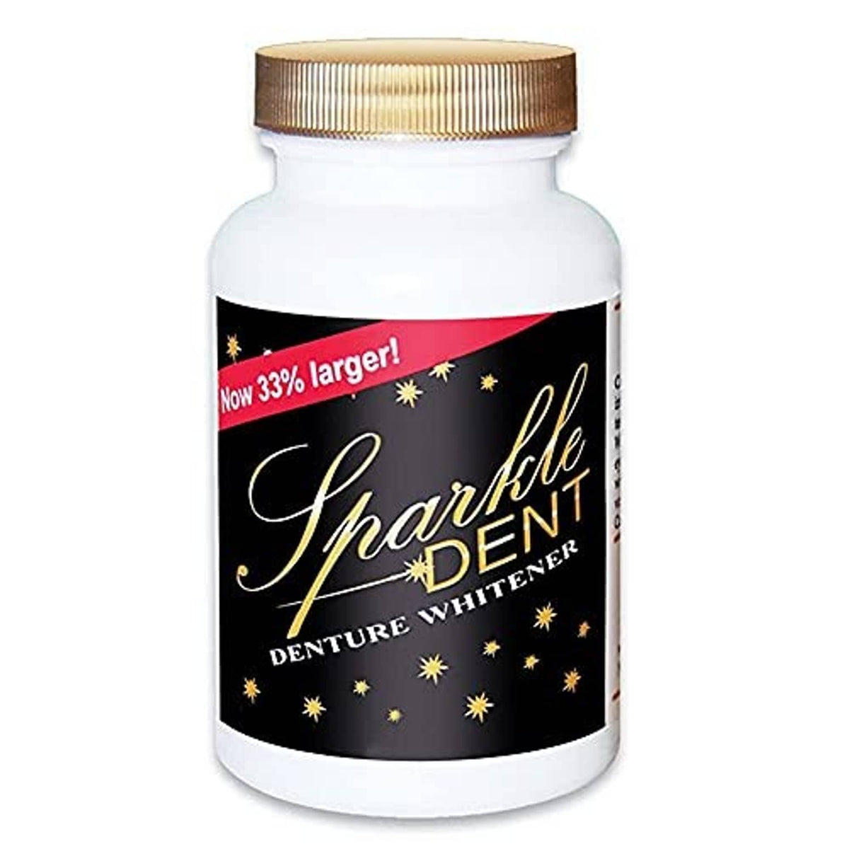 Denture whitener bottle with gold cap and Sparkle Dent label