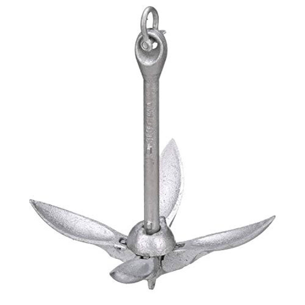 Folding grapnel anchor with four curved flukes spread around the base, silver-gray