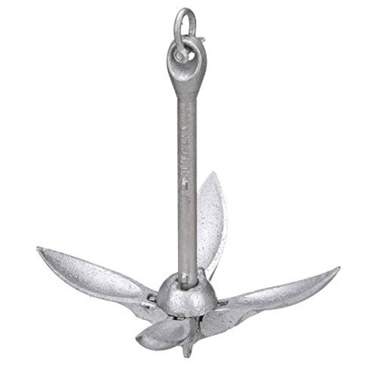 Folding grapnel anchor with four curved flukes spread around the base, silver-gray