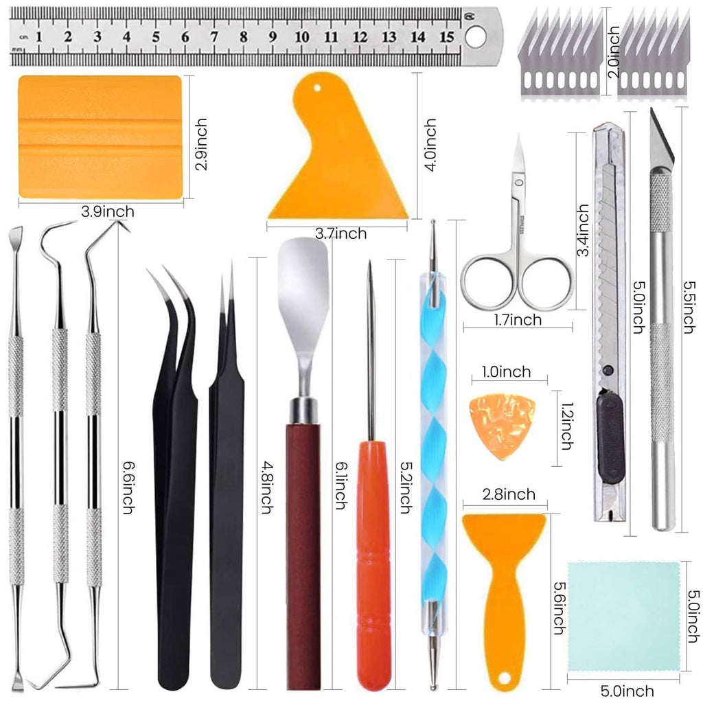 Vinyl weeding tools set with precision picks, tweezers, and ruler measurements