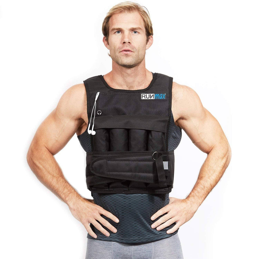 Black weighted vest with front pouches and adjustable shoulder straps