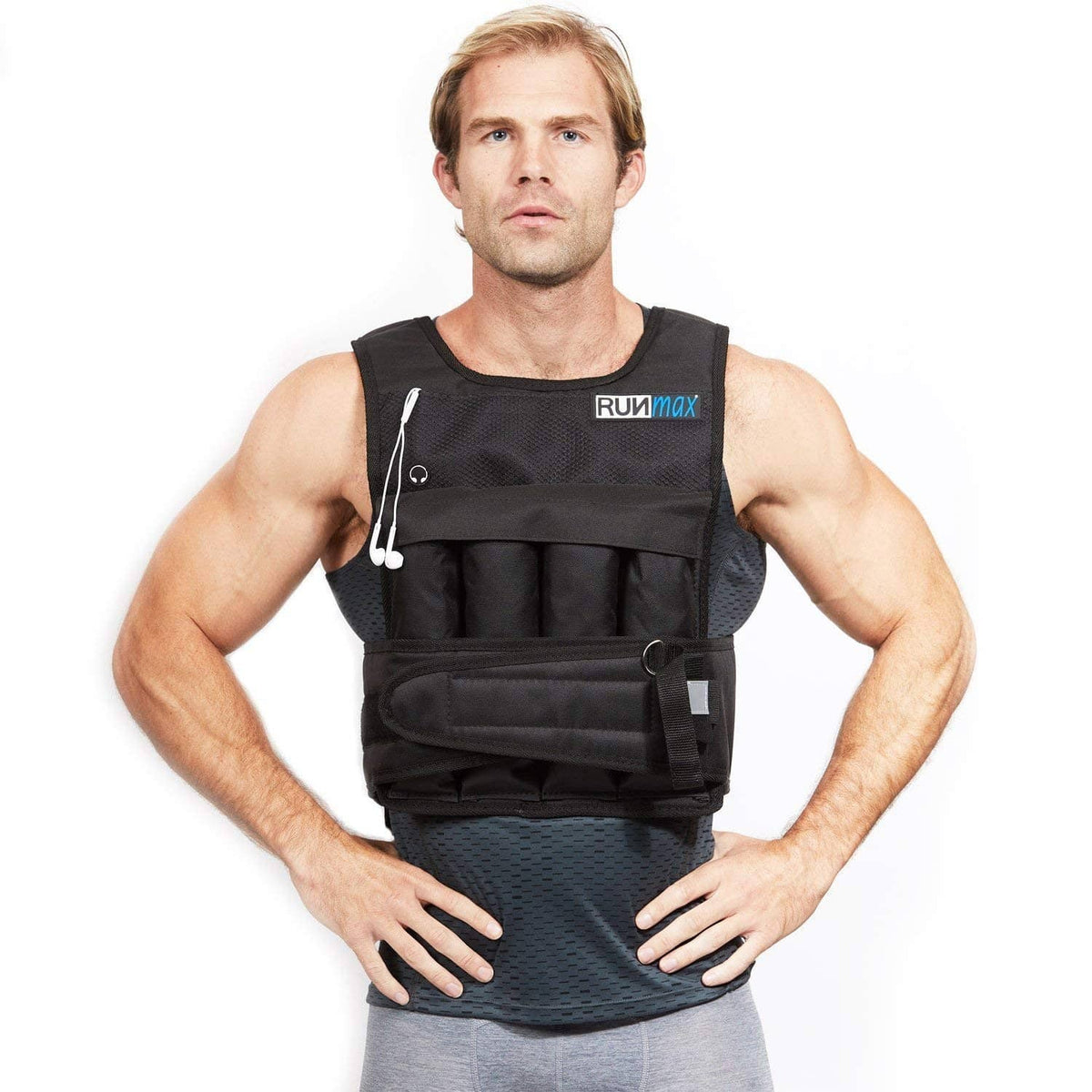 Black weighted vest with front pouches and adjustable shoulder straps