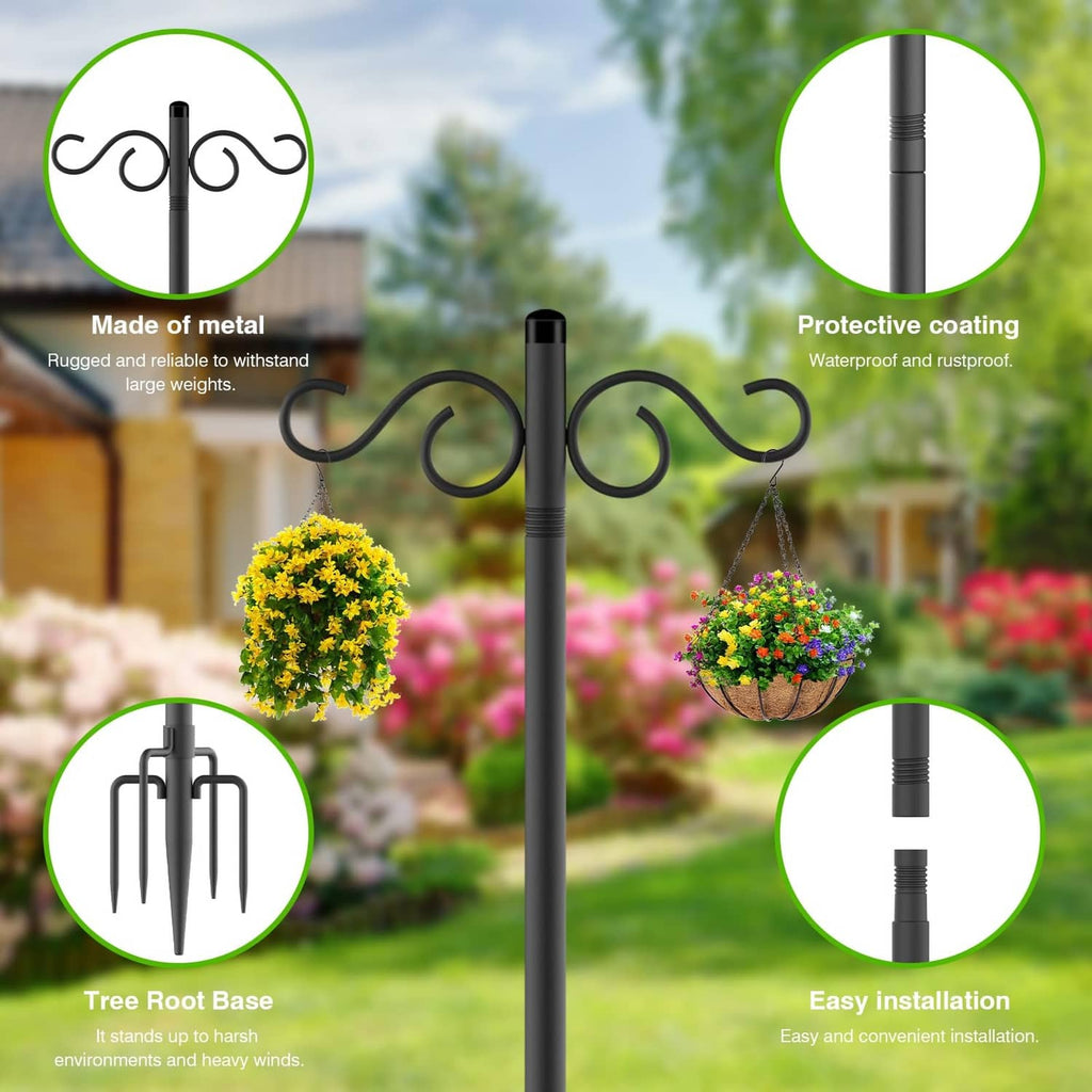 Black metal double shepherd hook with protective coating and pointed tree-root base stakes